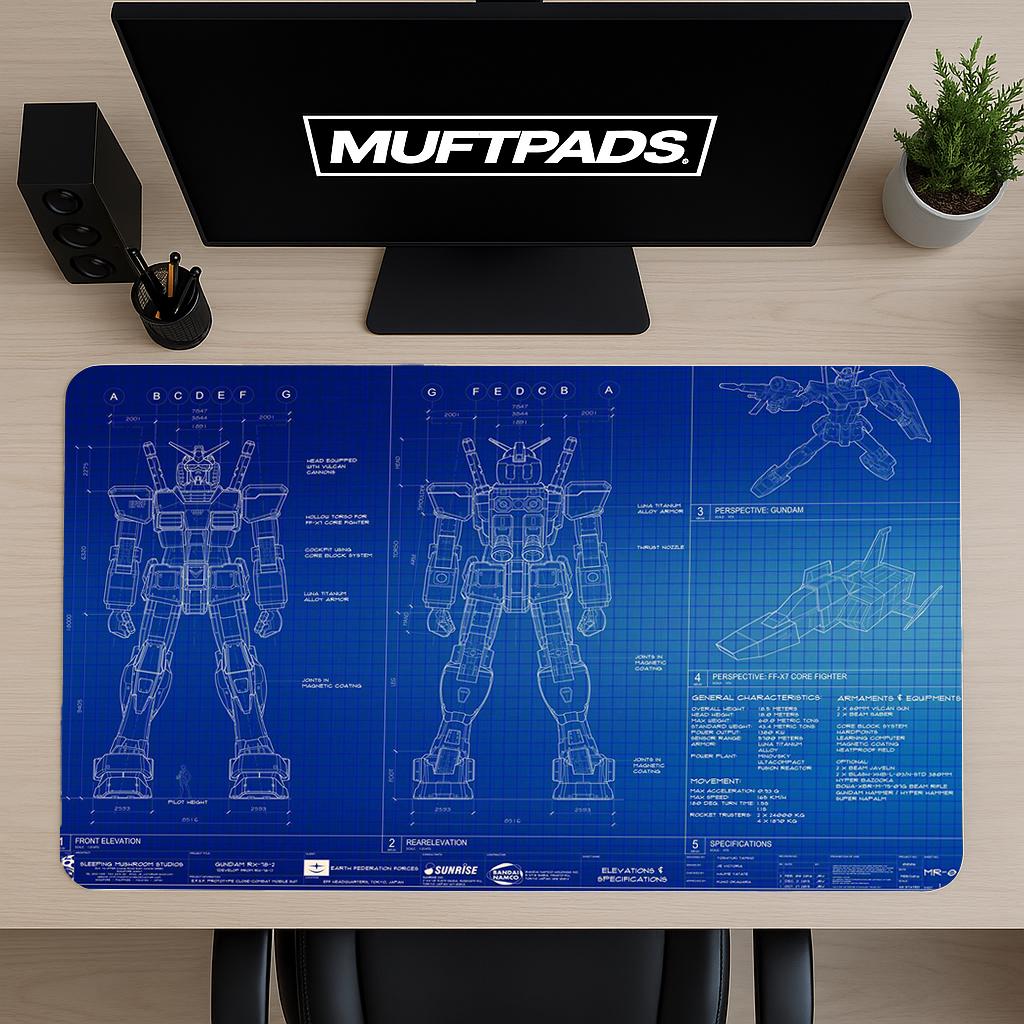 Gundam Blueprint Gaming Desk Mat | Gundam Design Mouse Pad | Perfect Gift for Robot Enthusiasts | Anime Mousepad | Gift for Gamer - MUFTPADS