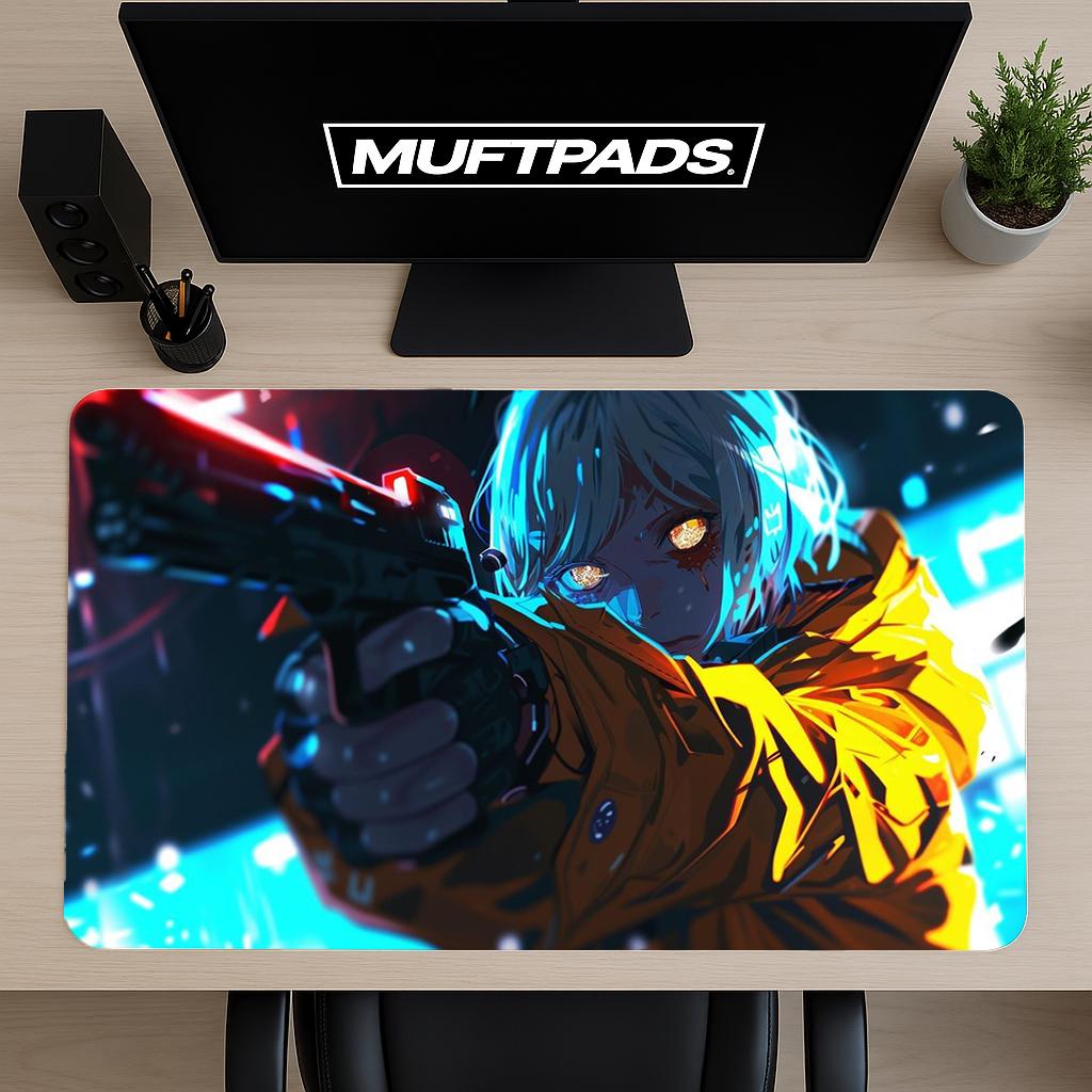 Cyberpunk Girl Mouse Pad - Surreal Android Smile Desk Mat, Pink Sci-Fi Art Mat, Edgy Futuristic Gamer Gift for Her