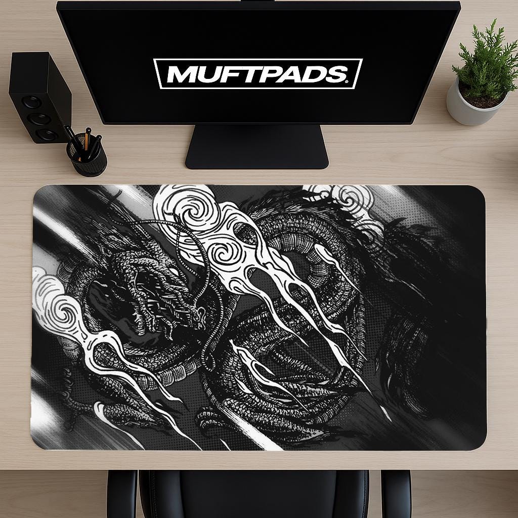Black and White Dragon Mouse Pad, Mythical Fantasy Desk Mat, Oriental Ink Style Illustration, Unique Gift for Mythology Fans