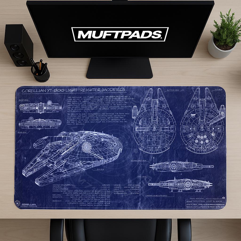 Millennium Falcon Mouse Pad - Star Wars Ship Blueprint of Corellian YT-1300 Freighter - Sci-Fi Desk Mat Gift for Fans