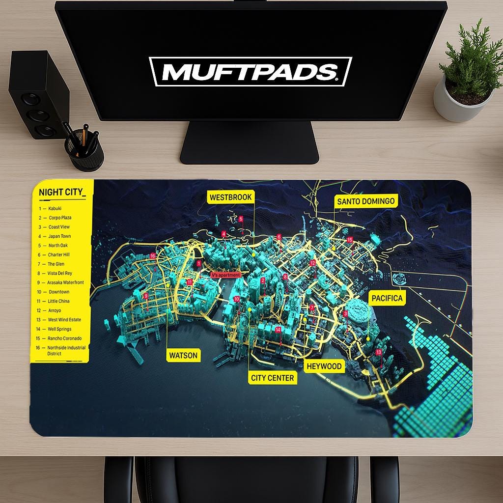 Cyberpunk 2077 Night City Map Mouse Pad – Futuristic Gaming Desk Mat, Cyber City Layout Print, Gamer Gift, Neon Decor