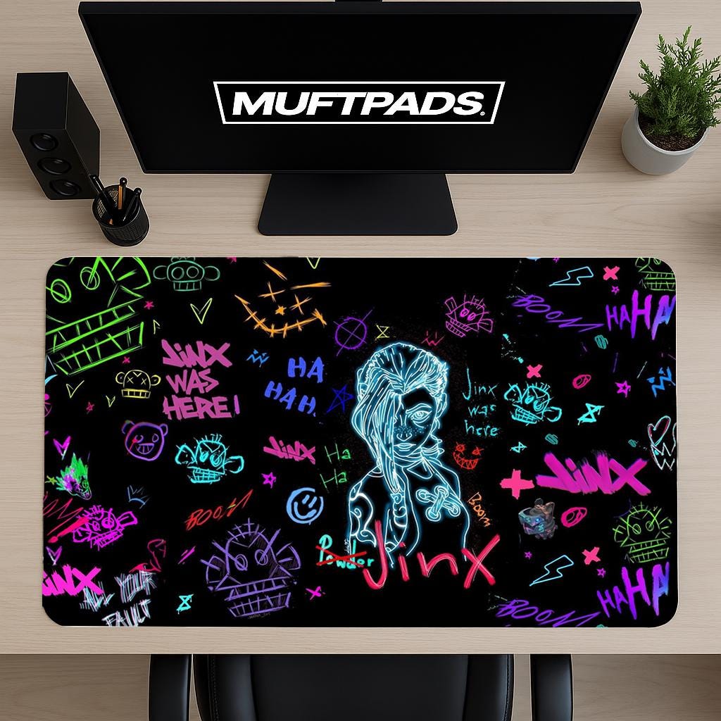 Gaming Mousepad, Jinx Desk Mat for League Of Legends Fans, Jinx Art, Gift For Gamer, Gaming Accessories, Computer Desk Pad, Arcane Desk Mat