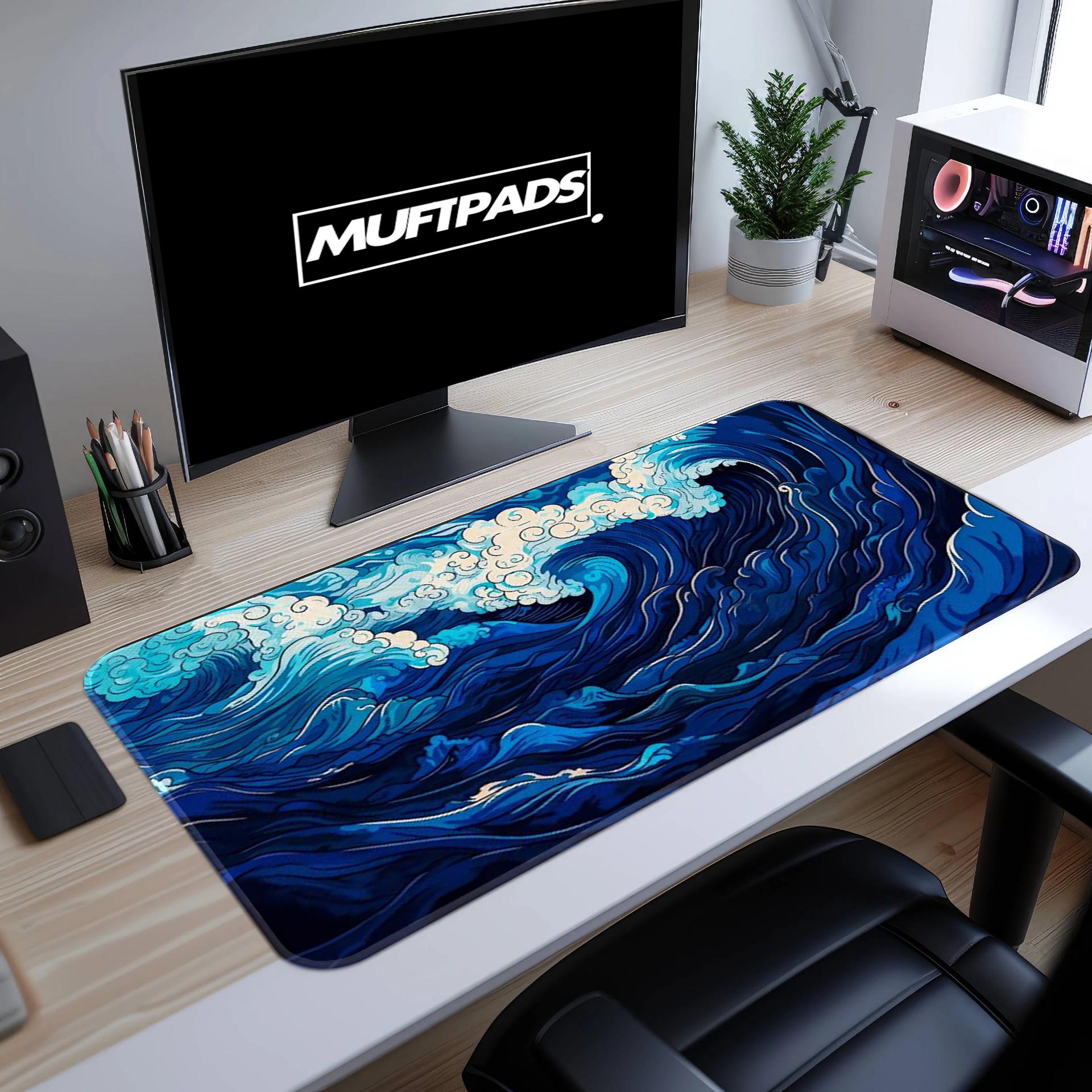 Blue Wave Pattern Desk Mat, Japanese Wave, Minimalist Waves, Blue Mouse Pad, Mousepad, Gamer Gift, Gaming Desk Mat, Gaming Mouse Pad