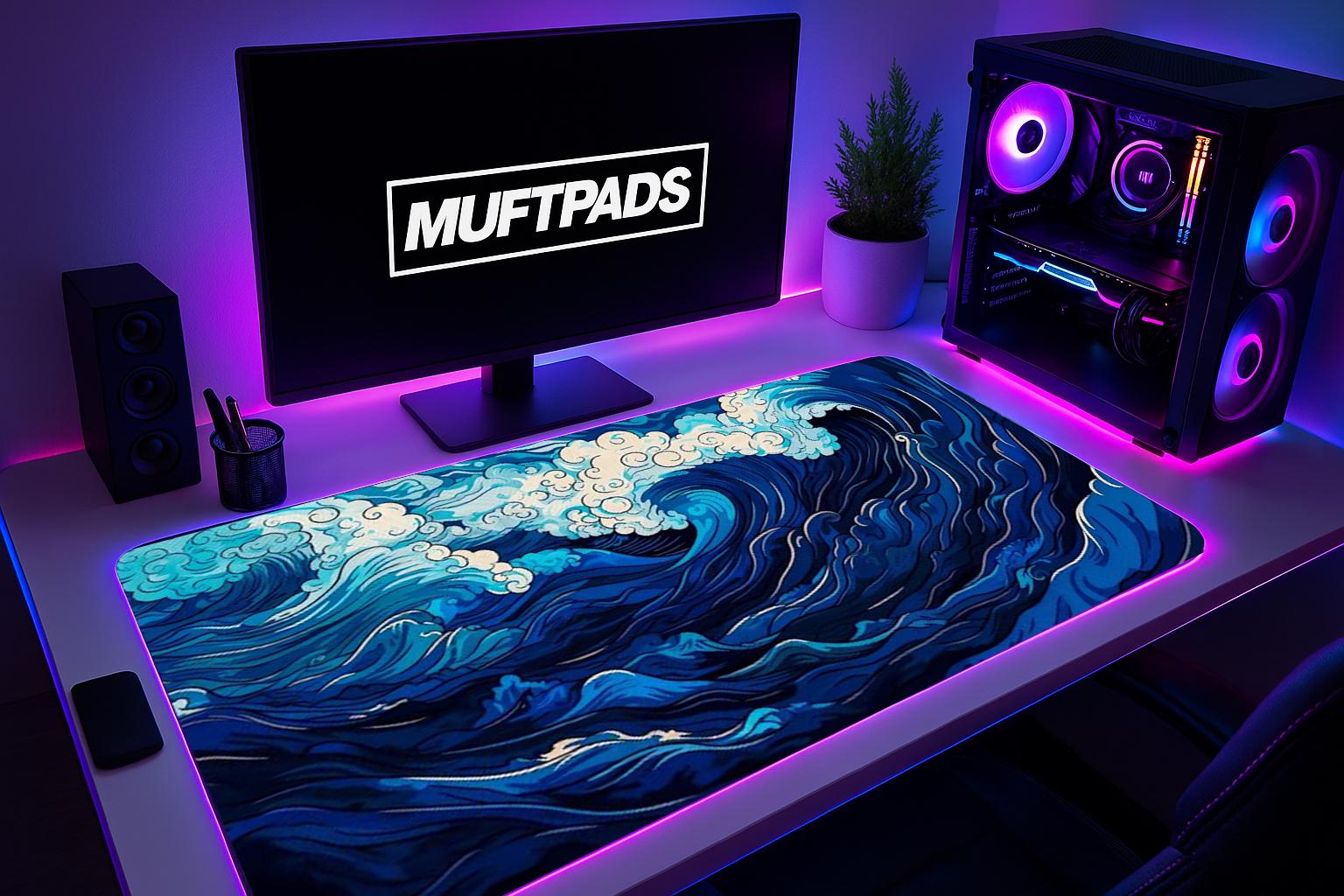 Blue Wave Pattern Desk Mat, Japanese Wave, Minimalist Waves, Blue Mouse Pad, Mousepad, Gamer Gift, Gaming Desk Mat, Gaming Mouse Pad