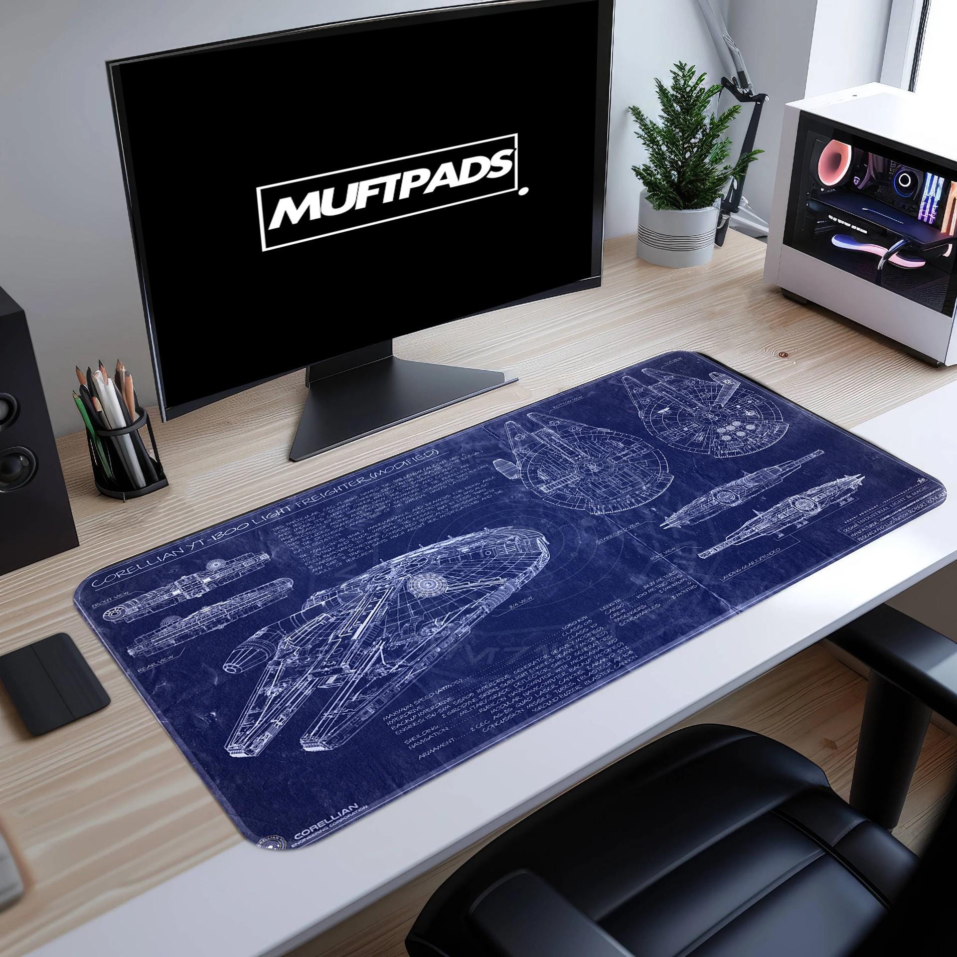Millennium Falcon Mouse Pad - Star Wars Ship Blueprint of Corellian YT-1300 Freighter - Sci-Fi Desk Mat Gift for Fans