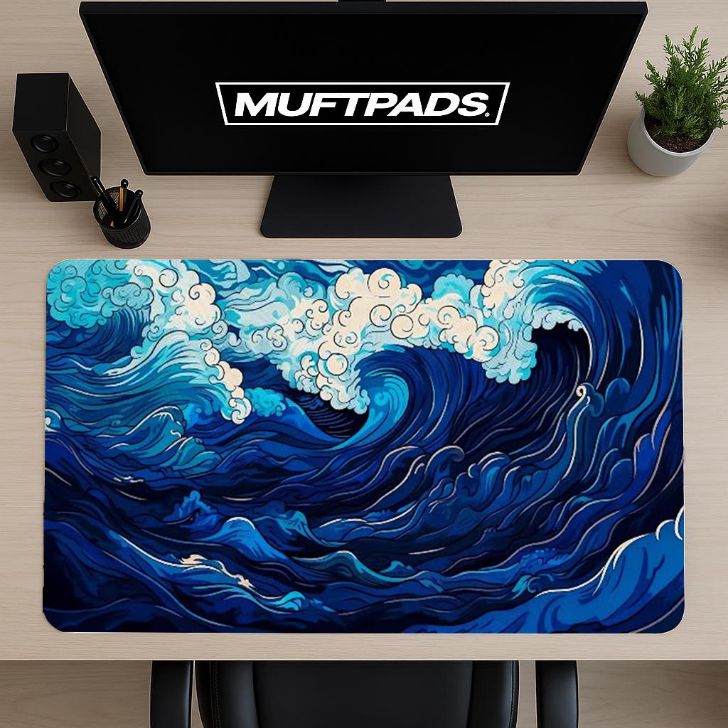 Blue Wave Pattern Desk Mat, Japanese Wave, Minimalist Waves, Blue Mouse Pad, Mousepad, Gamer Gift, Gaming Desk Mat, Gaming Mouse Pad