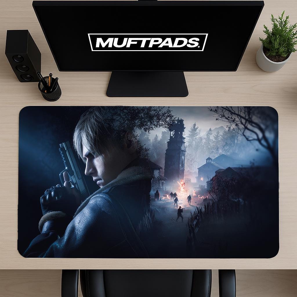 Mouse Pad – Leon Kennedy in Village Horror Scene, RE4 Remake Gaming Desk Mat, Capcom Fan Gift