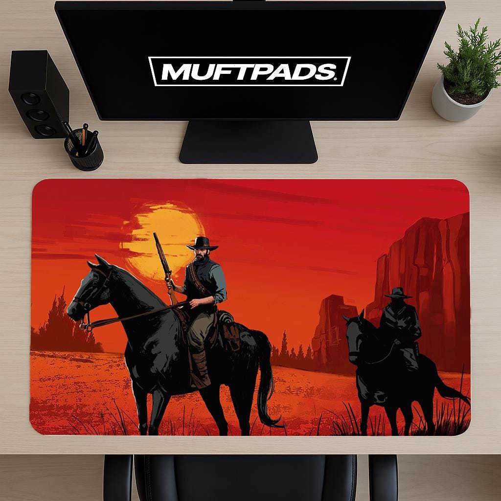 Red Outlaw Cowboy Train Heist Gaming Mouse Pad, Gaming Desk Mat, Redemption Mouse Pad, Red Desk Mat, Dead Mouse Pad