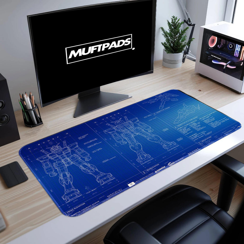 Gundam Blueprint Gaming Desk Mat | Gundam Design Mouse Pad | Perfect Gift for Robot Enthusiasts | Anime Mousepad | Gift for Gamer - MUFTPADS