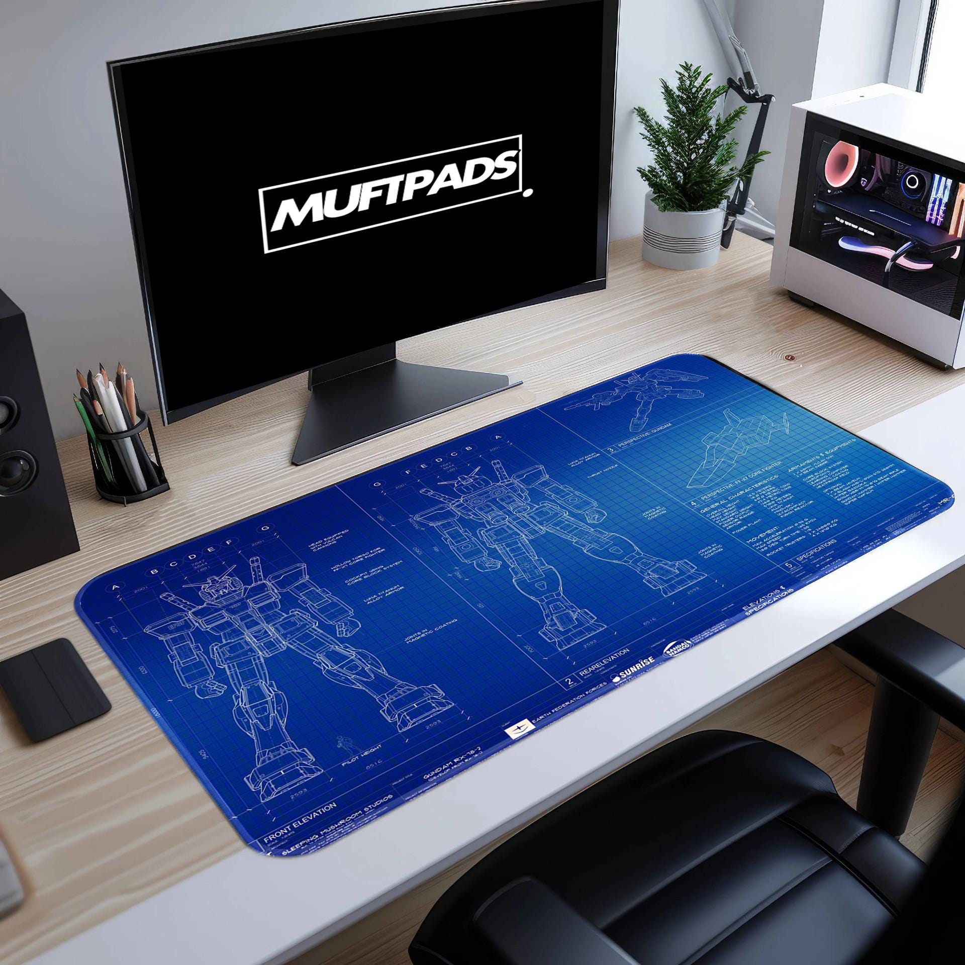 Gundam Blueprint Gaming Desk Mat | Gundam Design Mouse Pad | Perfect Gift for Robot Enthusiasts | Anime Mousepad | Gift for Gamer - MUFTPADS