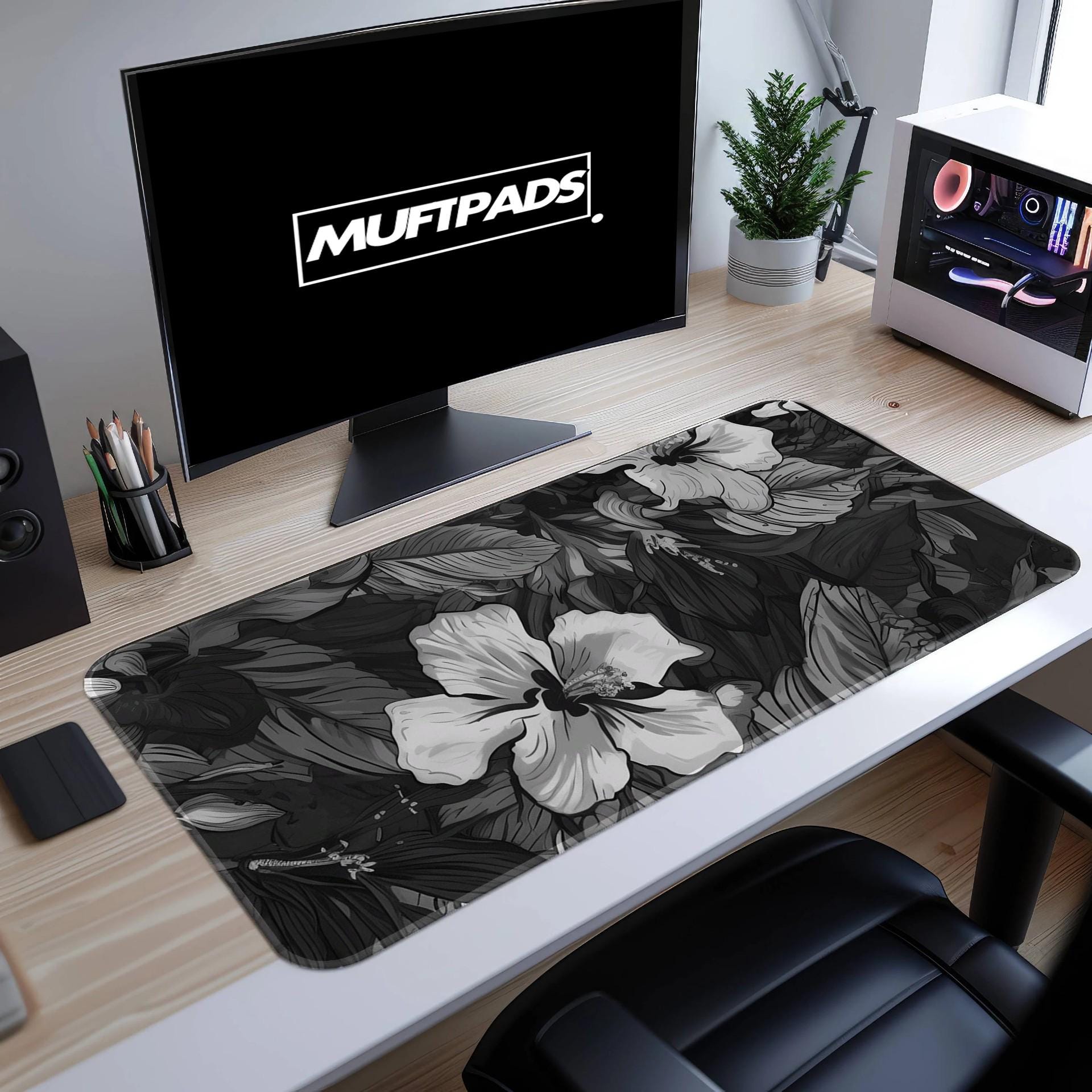 Mousepad Black White Flowers Desk Mat Floral Office Deco Desk Mat Accessories Minimalism