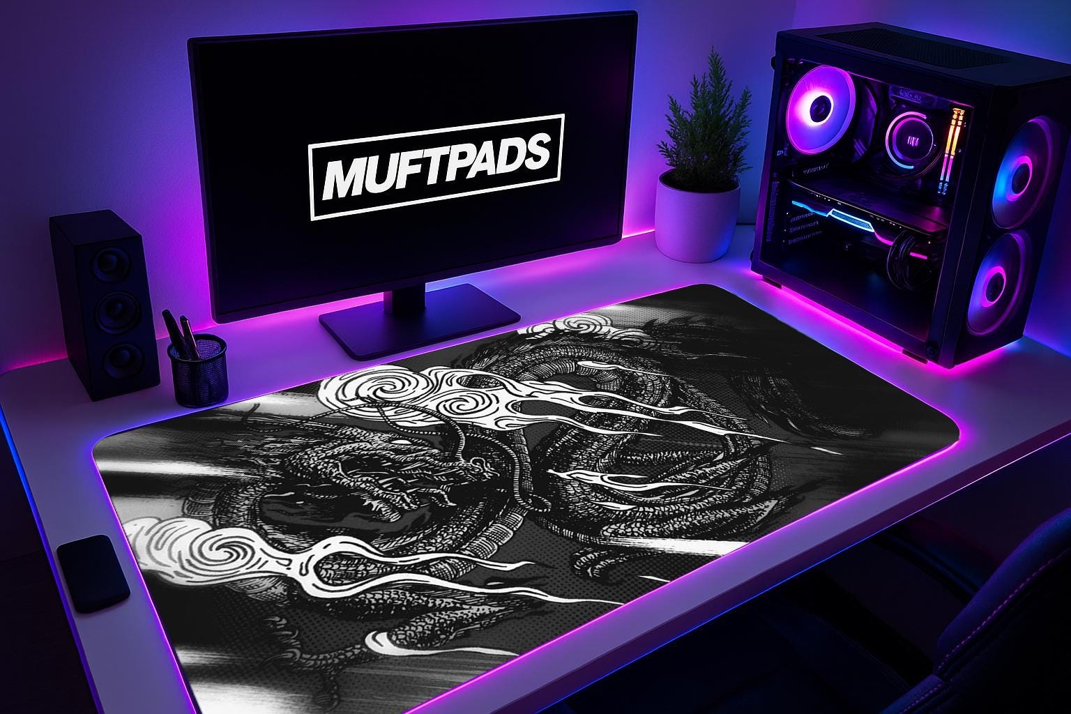 Black and White Dragon Mouse Pad, Mythical Fantasy Desk Mat, Oriental Ink Style Illustration, Unique Gift for Mythology Fans