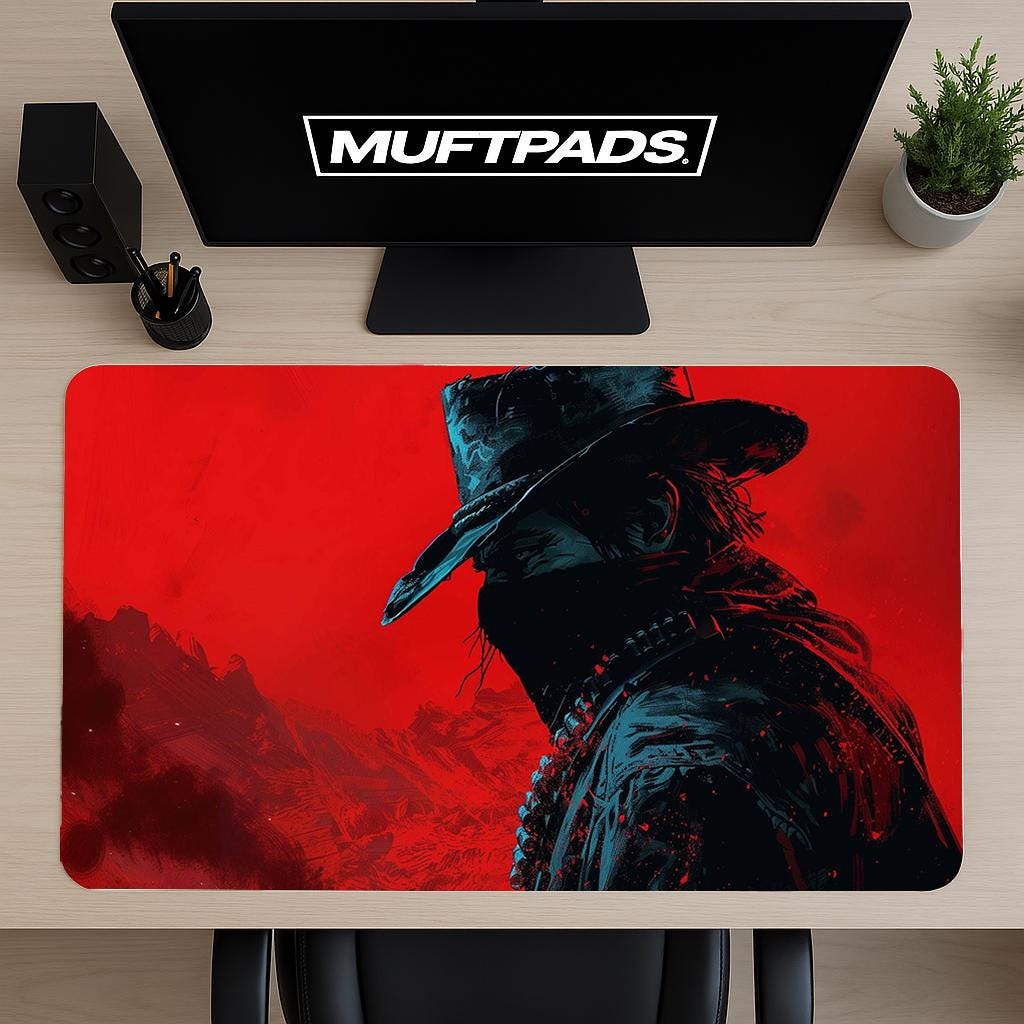 Red Outlaw Cowboy Train Heist Gaming Mouse Pad, Gaming Desk Mat, Redemption Mouse Pad, Red Desk Mat, Dead Mouse Pad