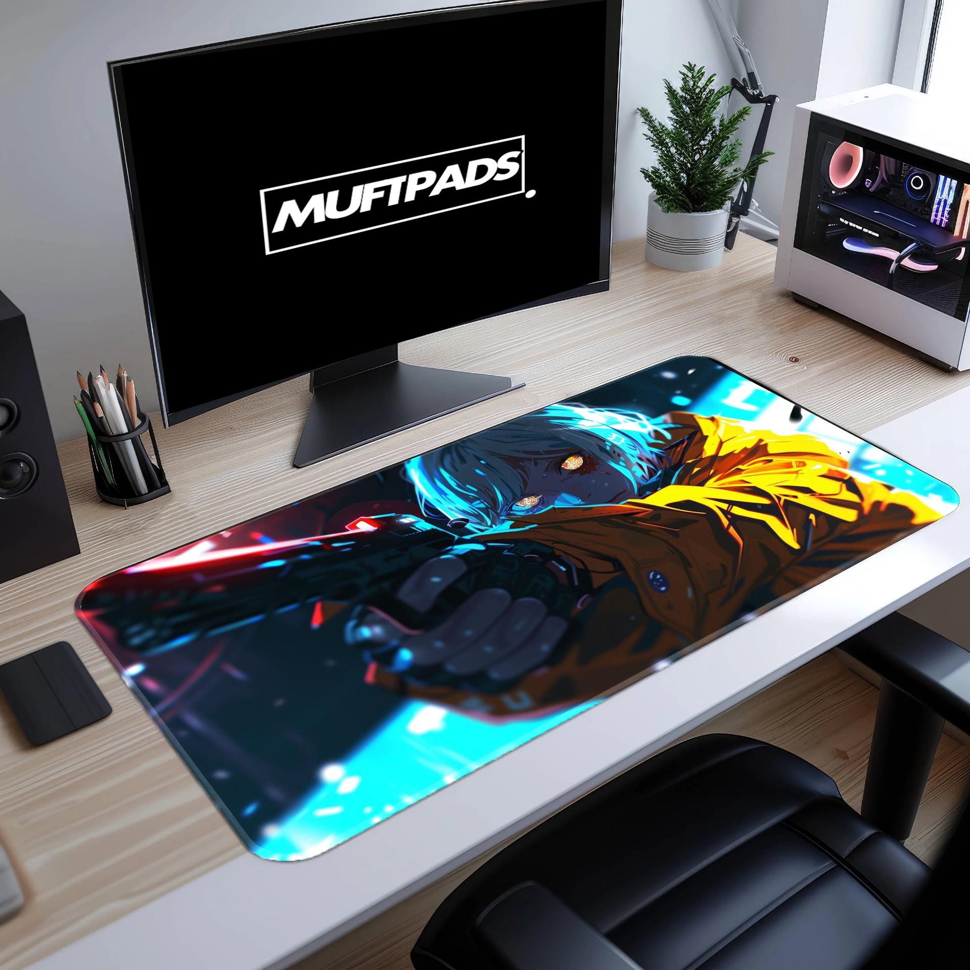Cyberpunk Girl Mouse Pad - Surreal Android Smile Desk Mat, Pink Sci-Fi Art Mat, Edgy Futuristic Gamer Gift for Her