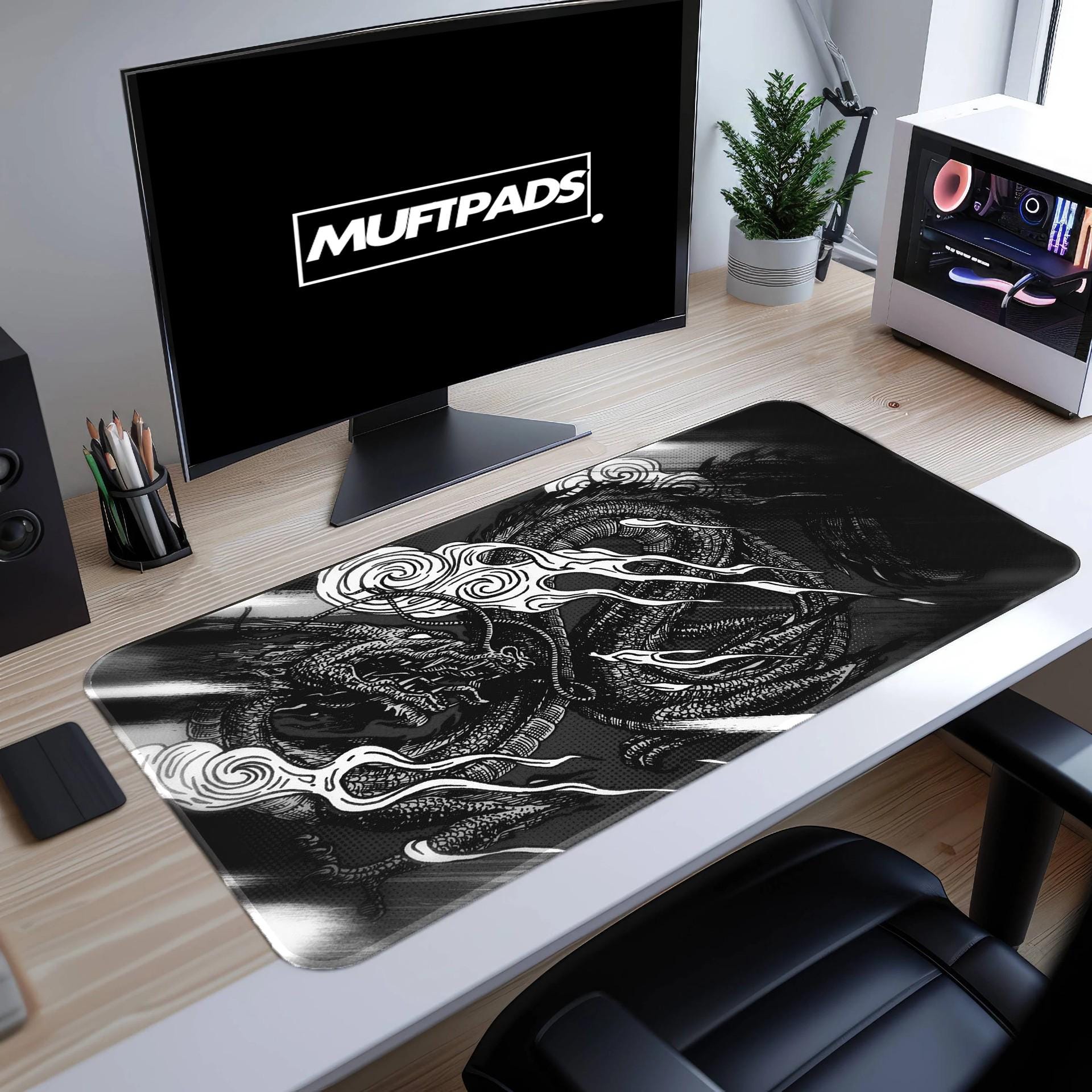 Black and White Dragon Mouse Pad, Mythical Fantasy Desk Mat, Oriental Ink Style Illustration, Unique Gift for Mythology Fans