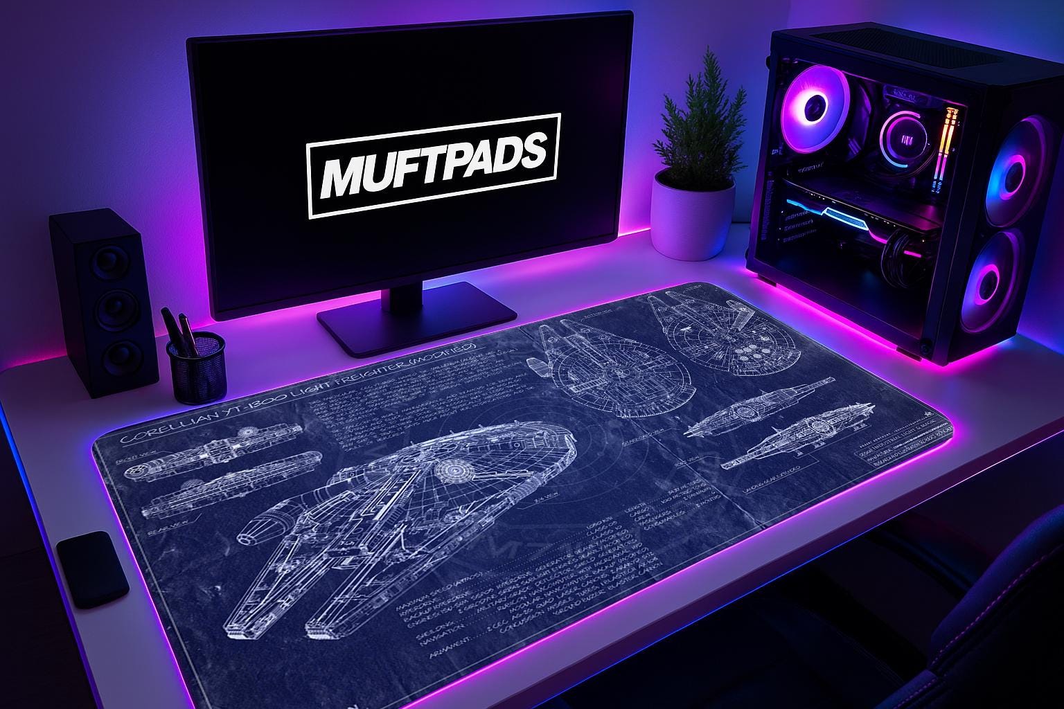 Millennium Falcon Mouse Pad - Star Wars Ship Blueprint of Corellian YT-1300 Freighter - Sci-Fi Desk Mat Gift for Fans