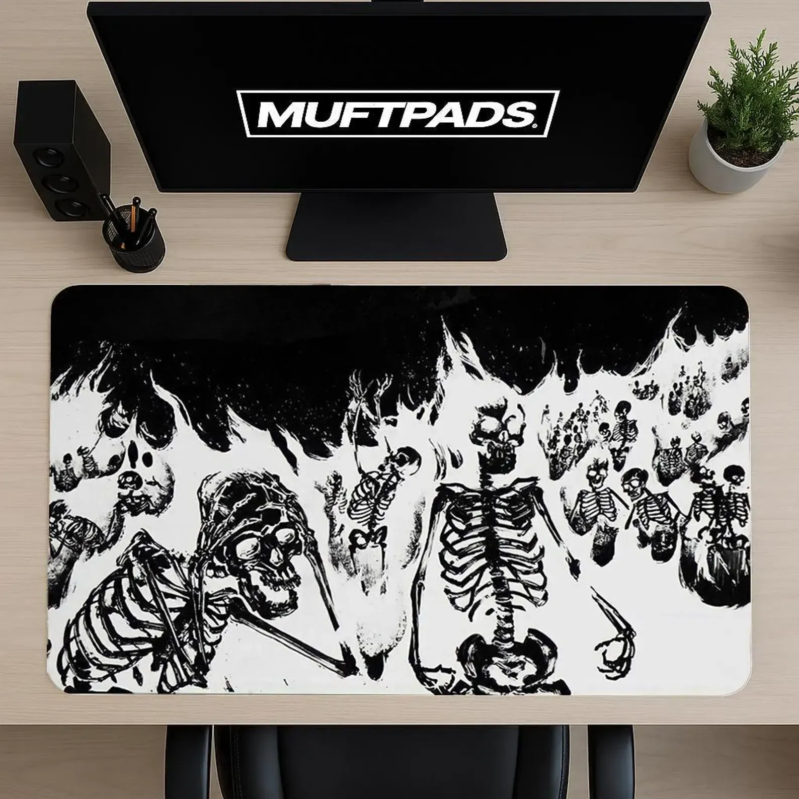Skeleton Illustration Mouse Pad – Dark Ink Desk Mat – Gaming Desk Setup