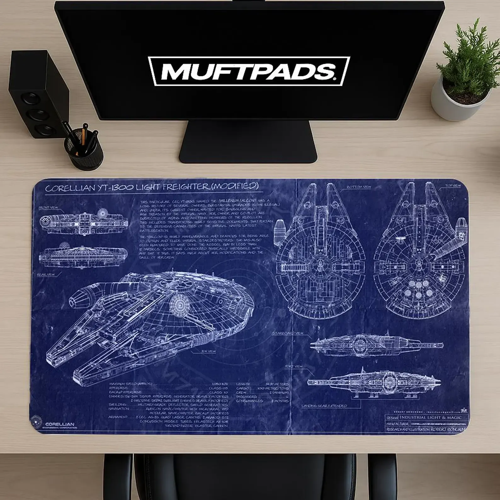 Sci-Fi Spaceship Blueprint Mouse Pad, Galactic Starship Desk Mat, Space Gamer Setup