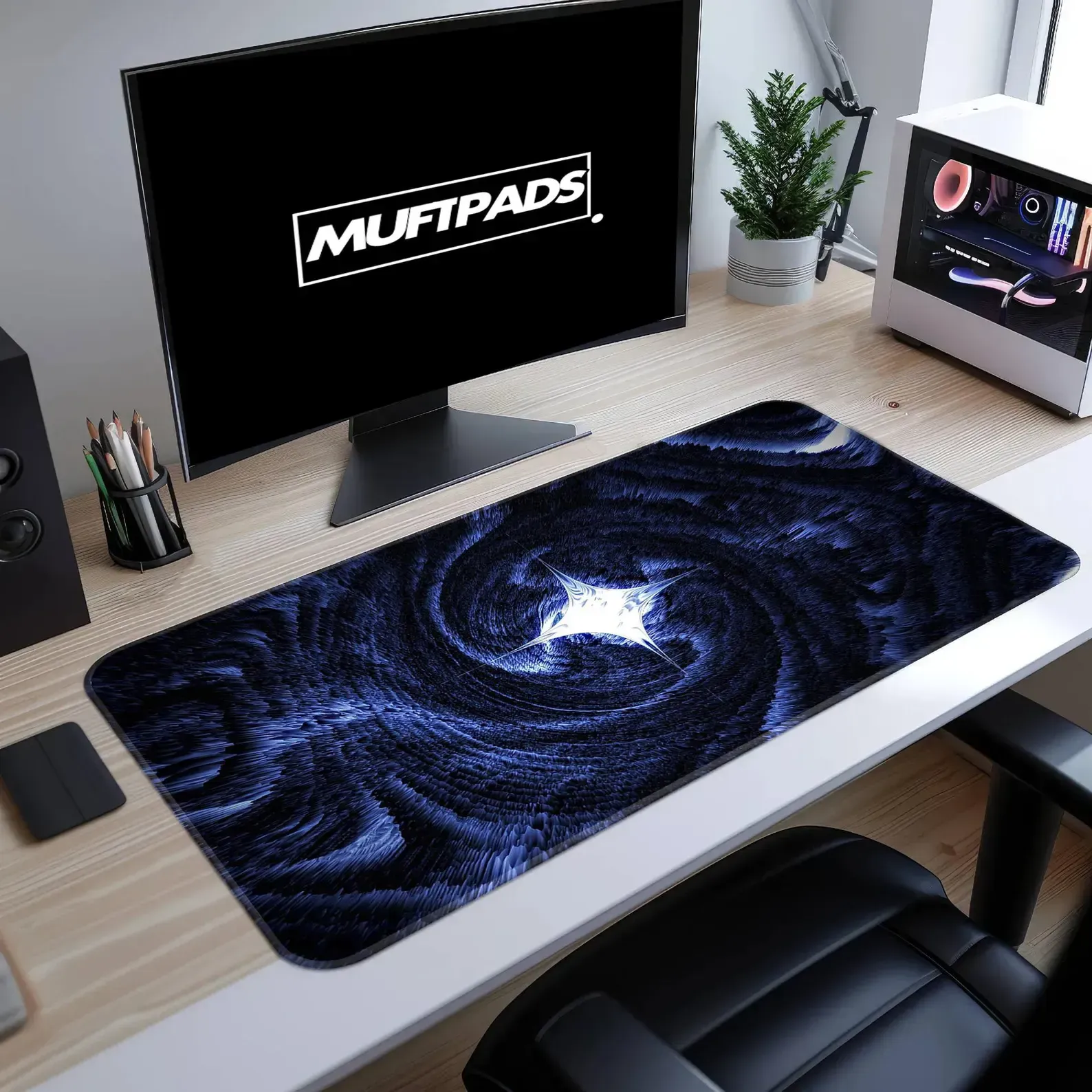 Abstract Cosmic Mouse Pad – Blue Vortex Desk Mat – Gaming Desk Setup
