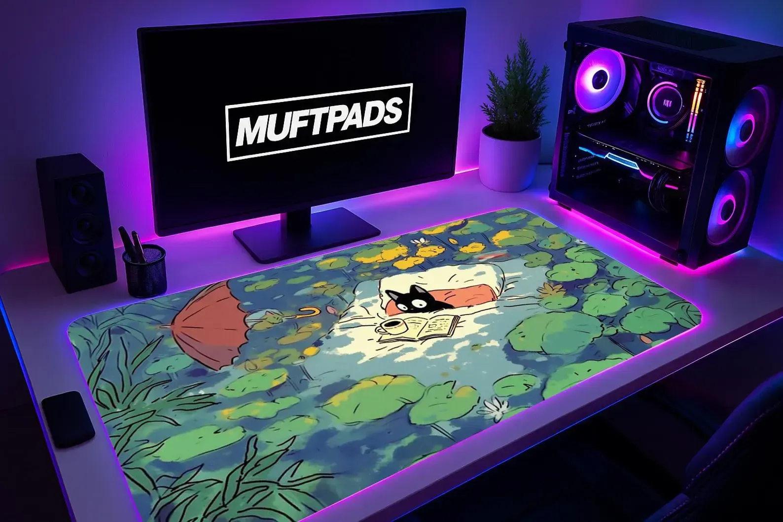 Reading Cat Illustration Mouse Pad – Cozy Art Desk Mat – Desk Setup