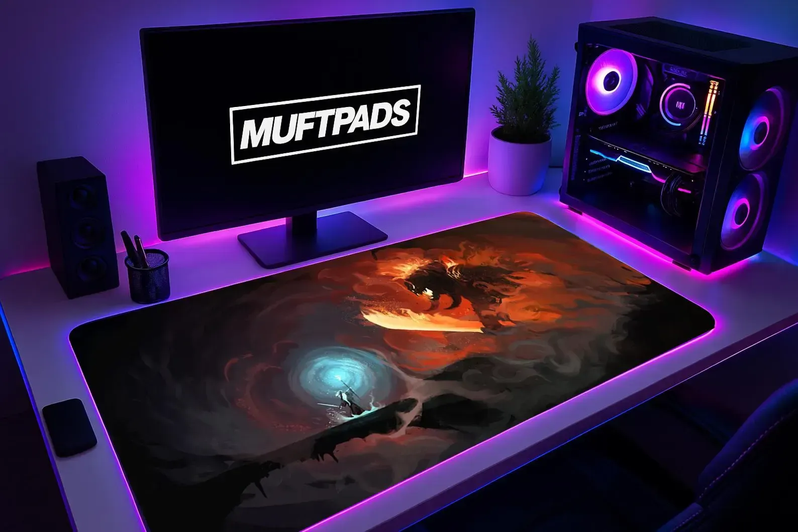 Fantasy Wizard Mouse Pad – Epic Fire Demon Art Desk Mat – Gaming Desk Setup