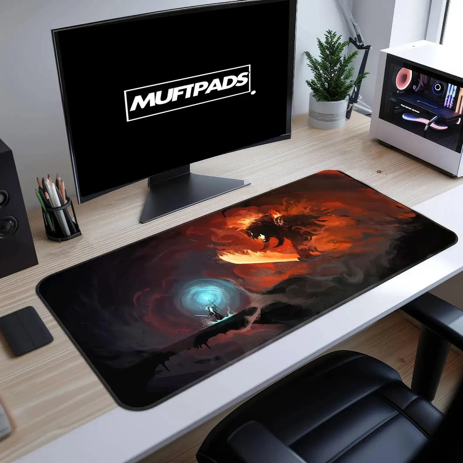 Fantasy Wizard Mouse Pad – Epic Fire Demon Art Desk Mat – Gaming Desk Setup