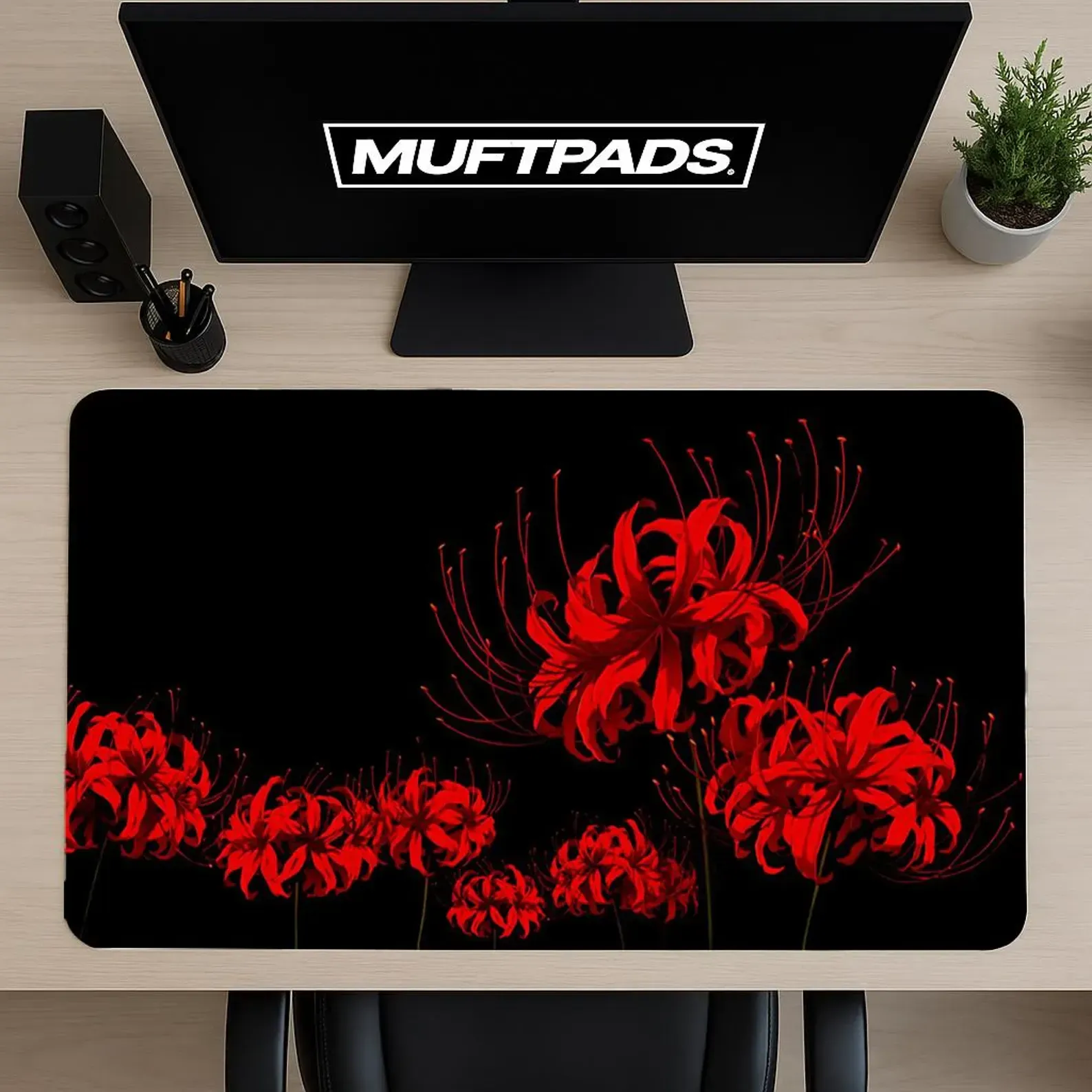 Red Spider Lily Mouse Pad – Dark Floral Desk Mat – Gaming Desk Setup