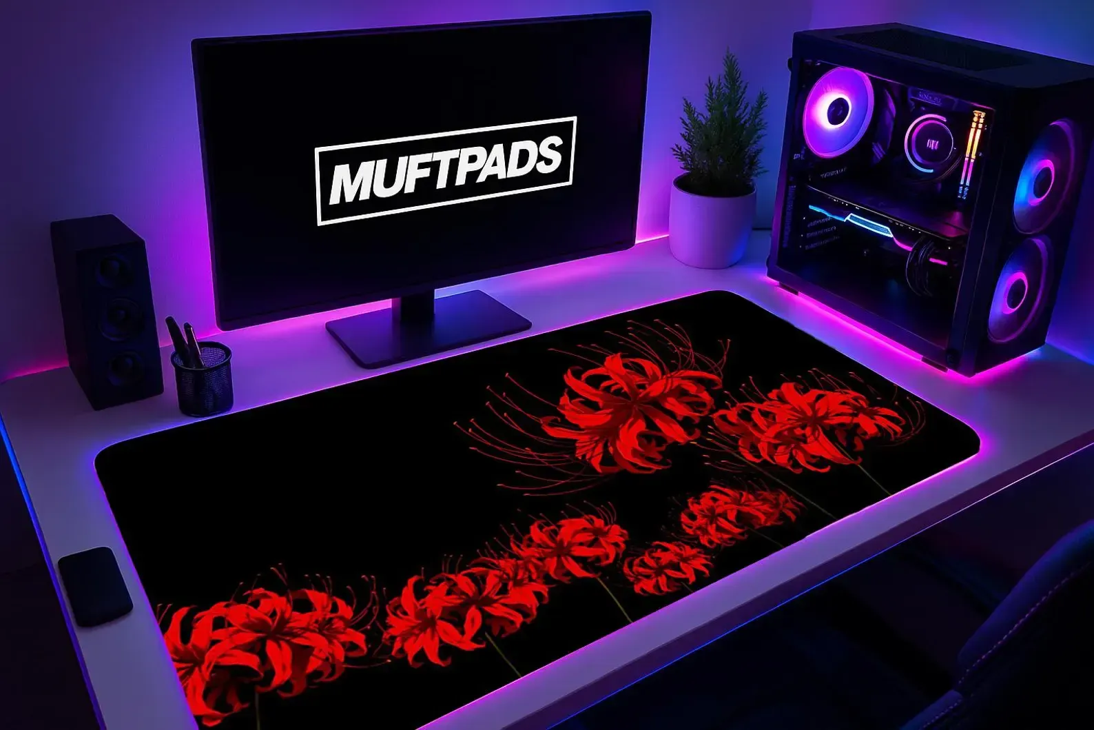 Red Spider Lily Mouse Pad – Dark Floral Desk Mat – Gaming Desk Setup