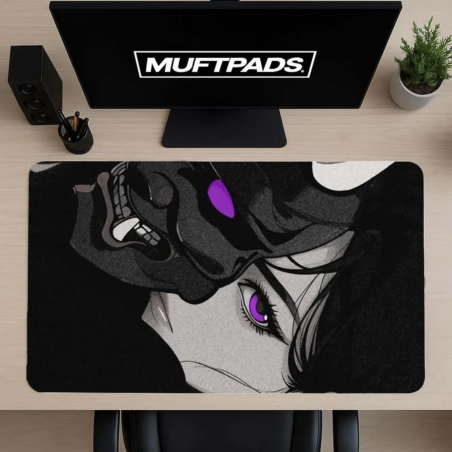 Oni Girl Anime Style Mouse Pad – Dark Illustration Desk Mat – Gaming Desk Setup