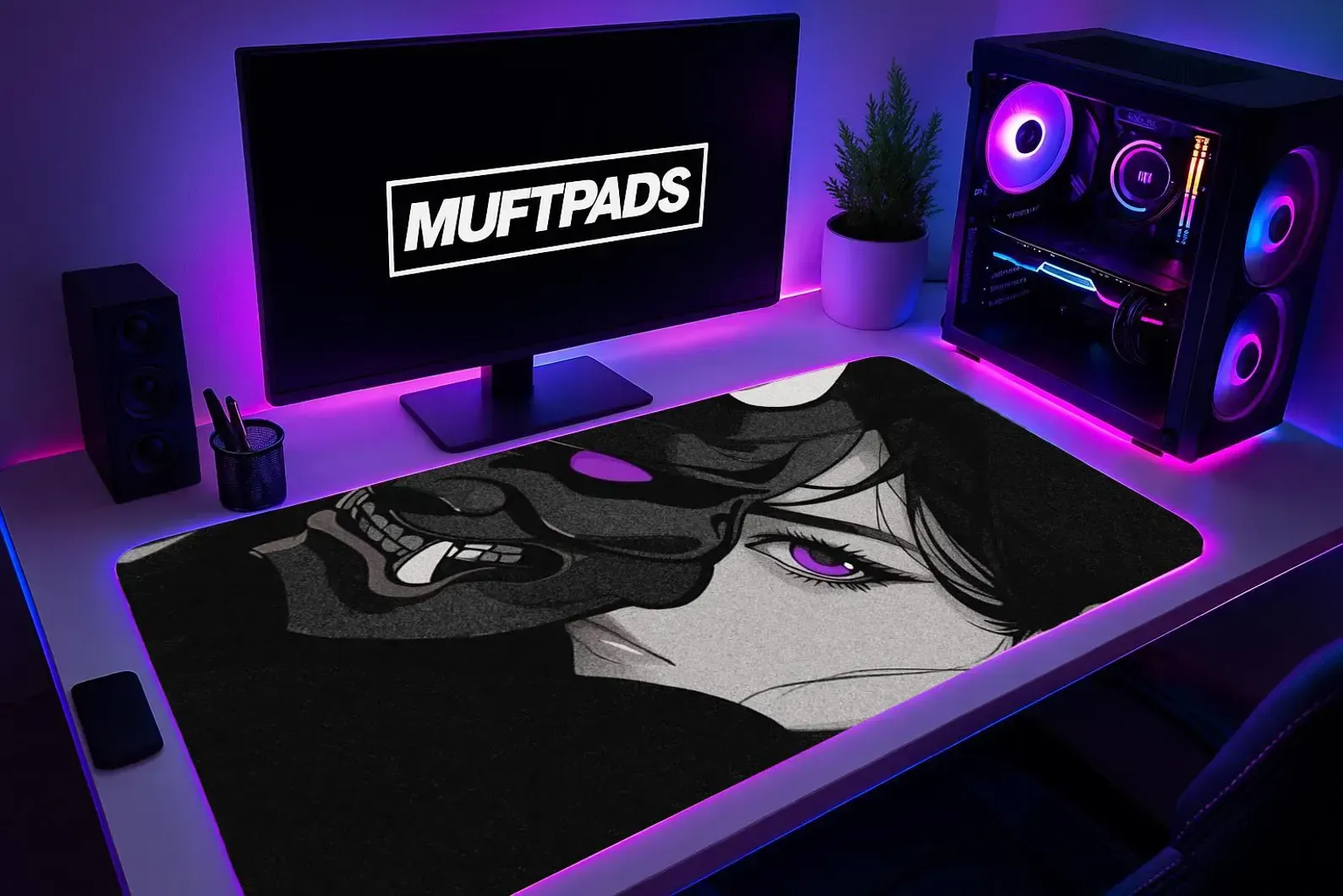 Oni Girl Anime Style Mouse Pad – Dark Illustration Desk Mat – Gaming Desk Setup