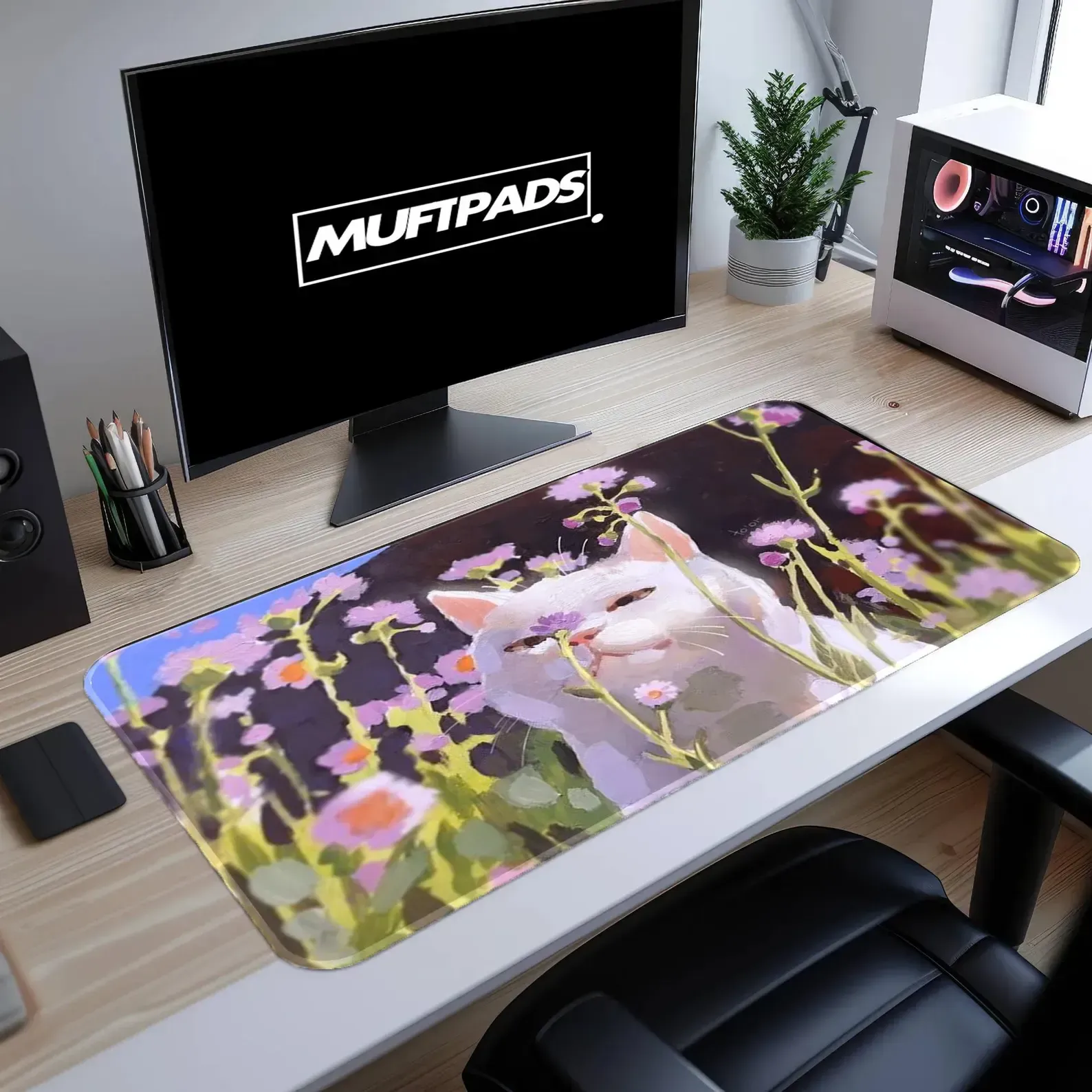 White Cat Illustration Mouse Pad – Floral Art Desk Mat – Desk Setup