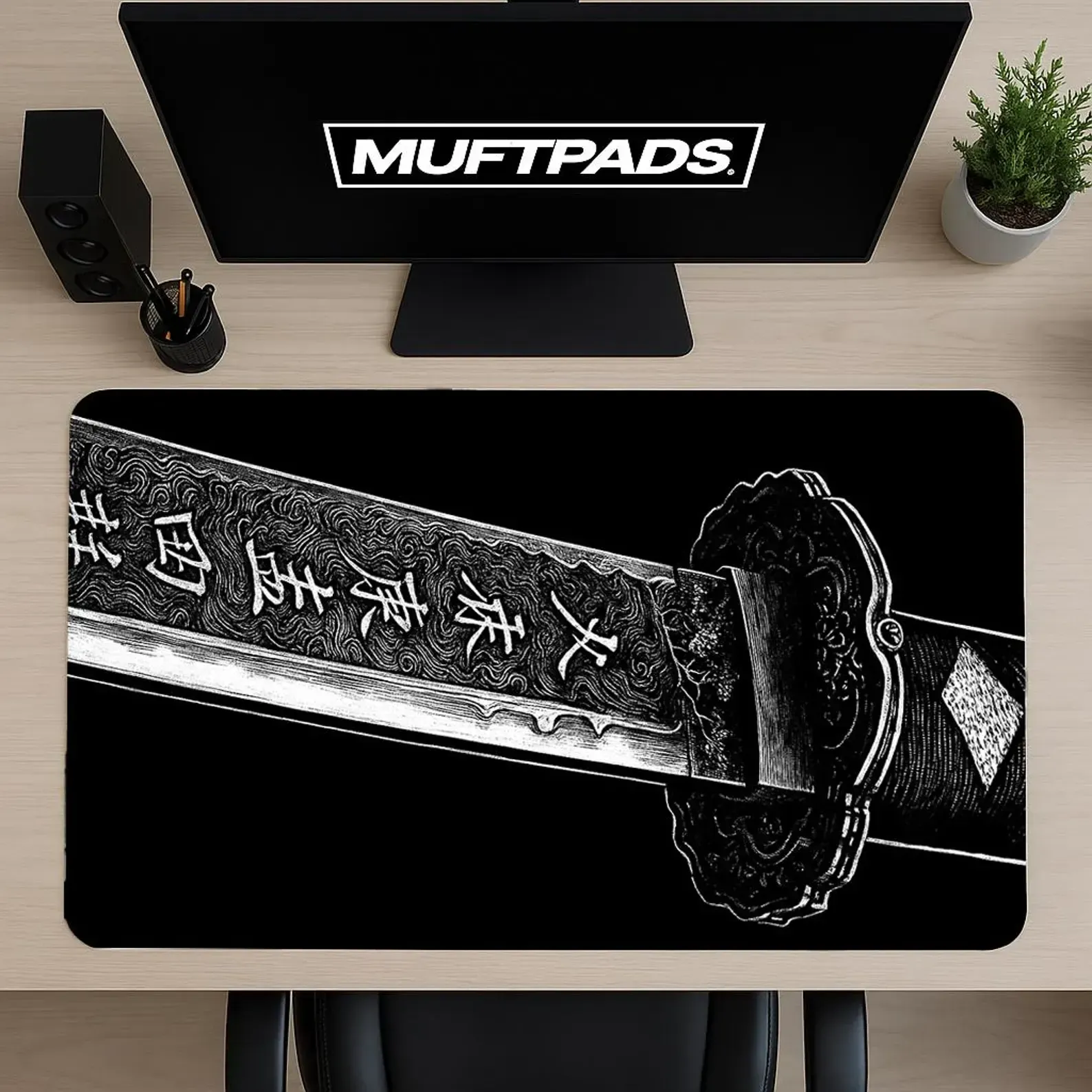 Katana Samurai Sword Mouse Pad Desk Mat – Dark Japanese Gaming Desk Setup