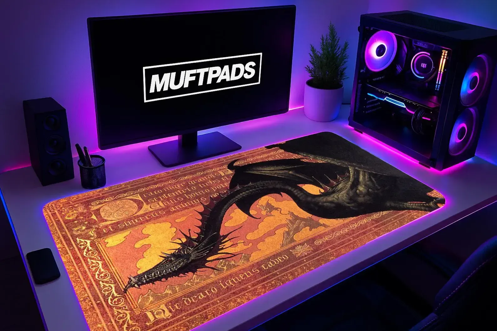 Medieval Dragon Mouse Pad – Dark Fantasy Manuscript Style Desk Mat – Gothic Dragon Artwork