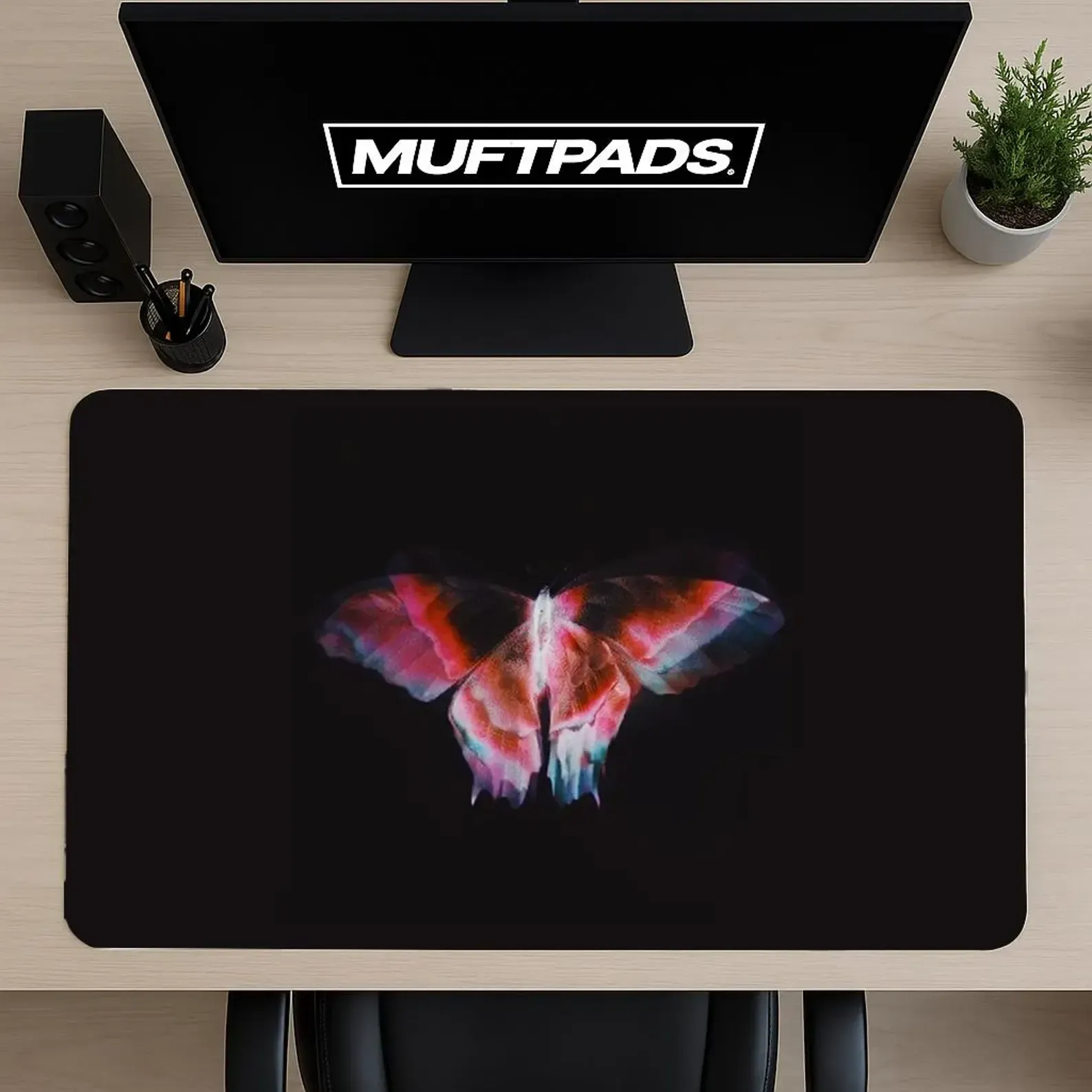 Minimal Butterfly Desk Mat Mouse Pad – Dark Abstract Art