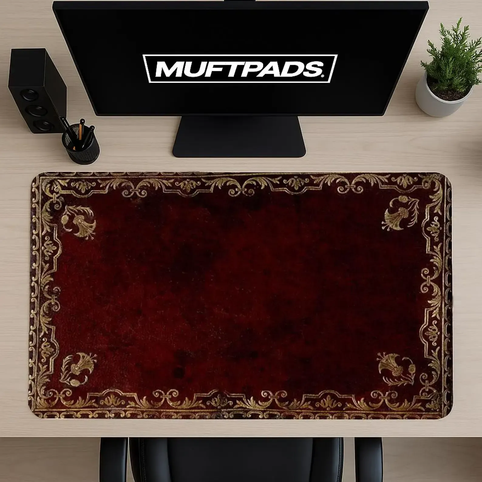 Vintage Red Rug Mouse Pad - Ornate Baroque Desk Mat, Non-Slip, Stitched Edge, Water-Resistant