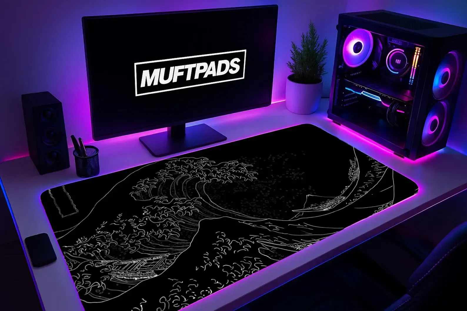 Japanese Wave Line Art Mouse Pad – Black Minimal Desk Mat – Gaming Desk Setup