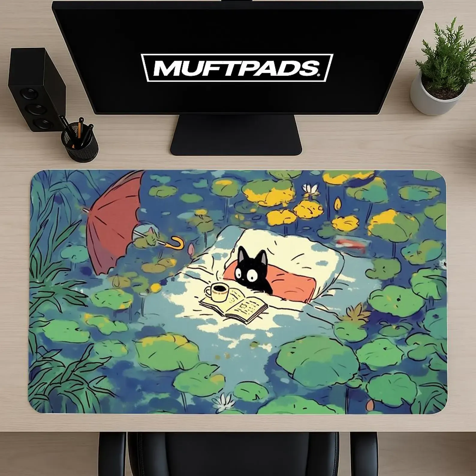 Reading Cat Illustration Mouse Pad – Cozy Art Desk Mat – Desk Setup