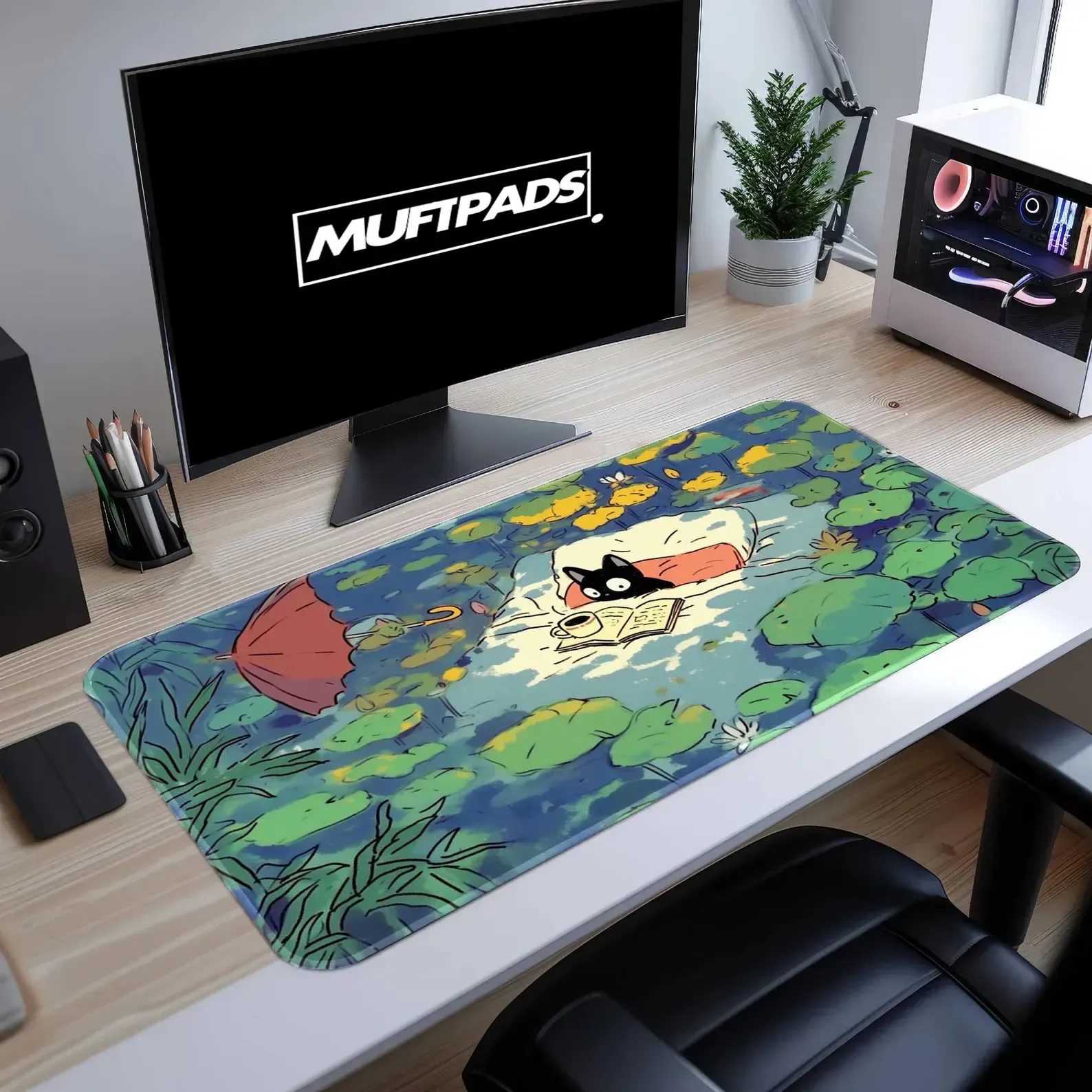 Reading Cat Illustration Mouse Pad – Cozy Art Desk Mat – Desk Setup