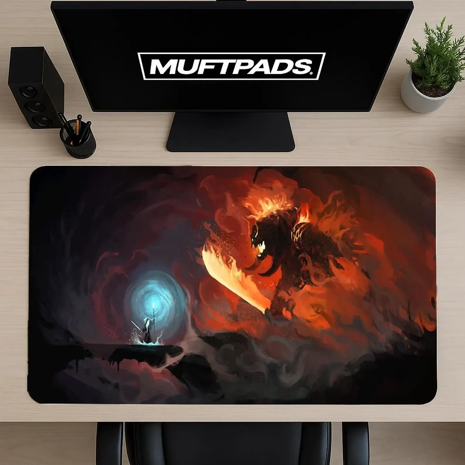 Fantasy Wizard Mouse Pad – Epic Fire Demon Art Desk Mat – Gaming Desk Setup