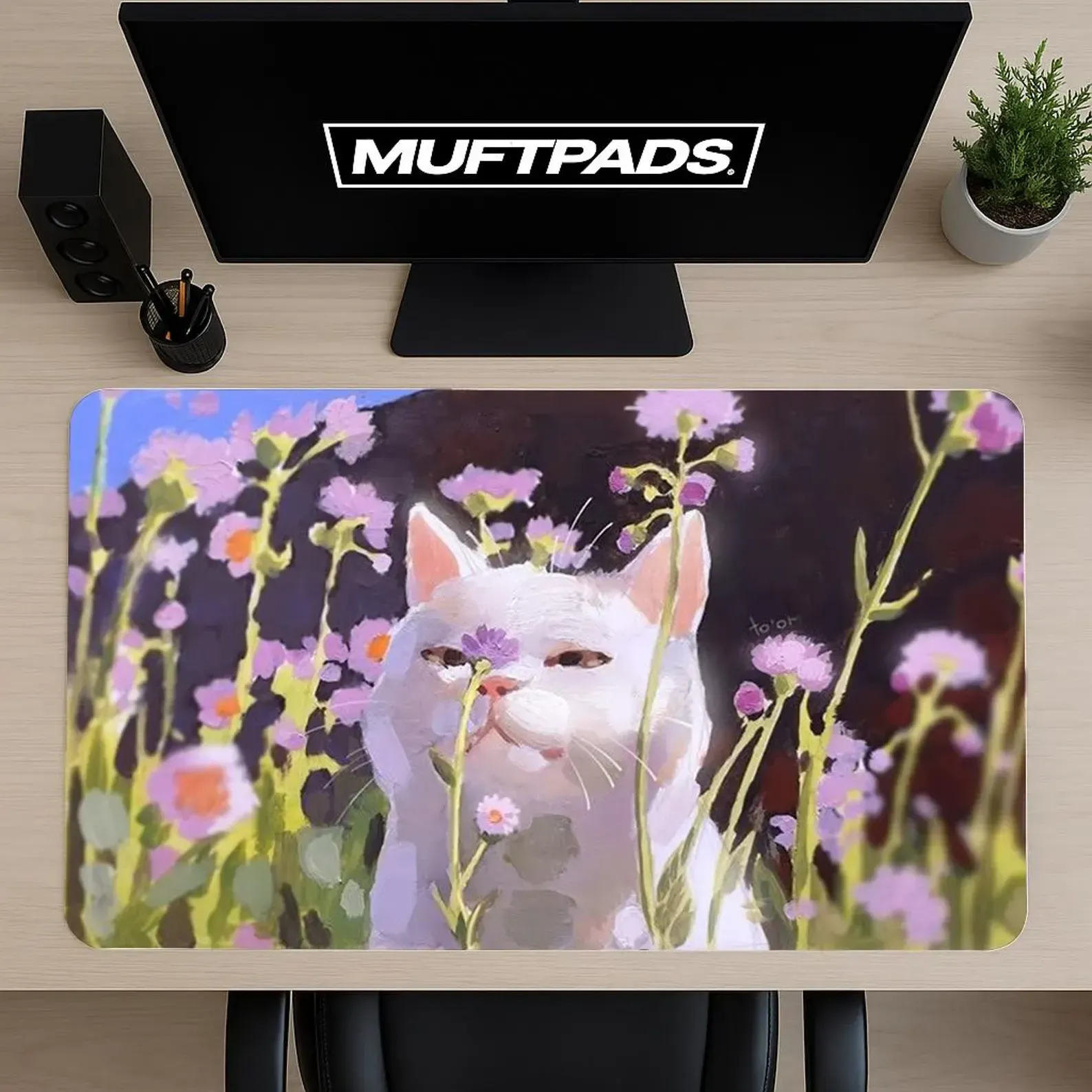 White Cat Illustration Mouse Pad – Floral Art Desk Mat – Desk Setup