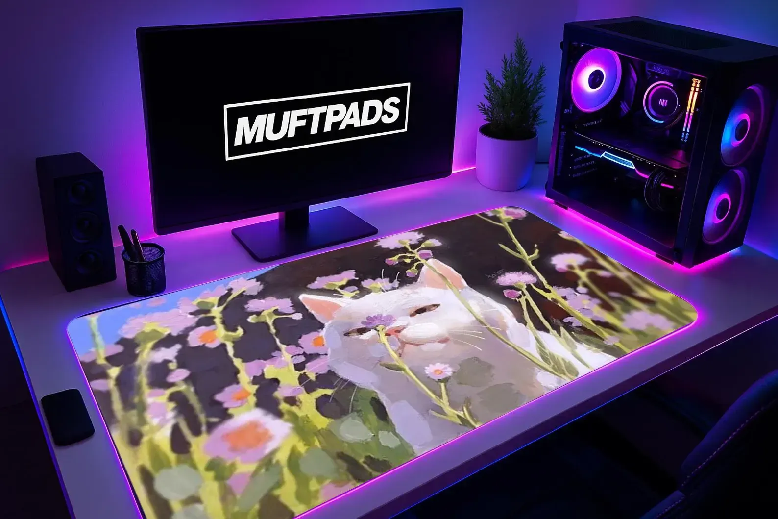 White Cat Illustration Mouse Pad – Floral Art Desk Mat – Desk Setup