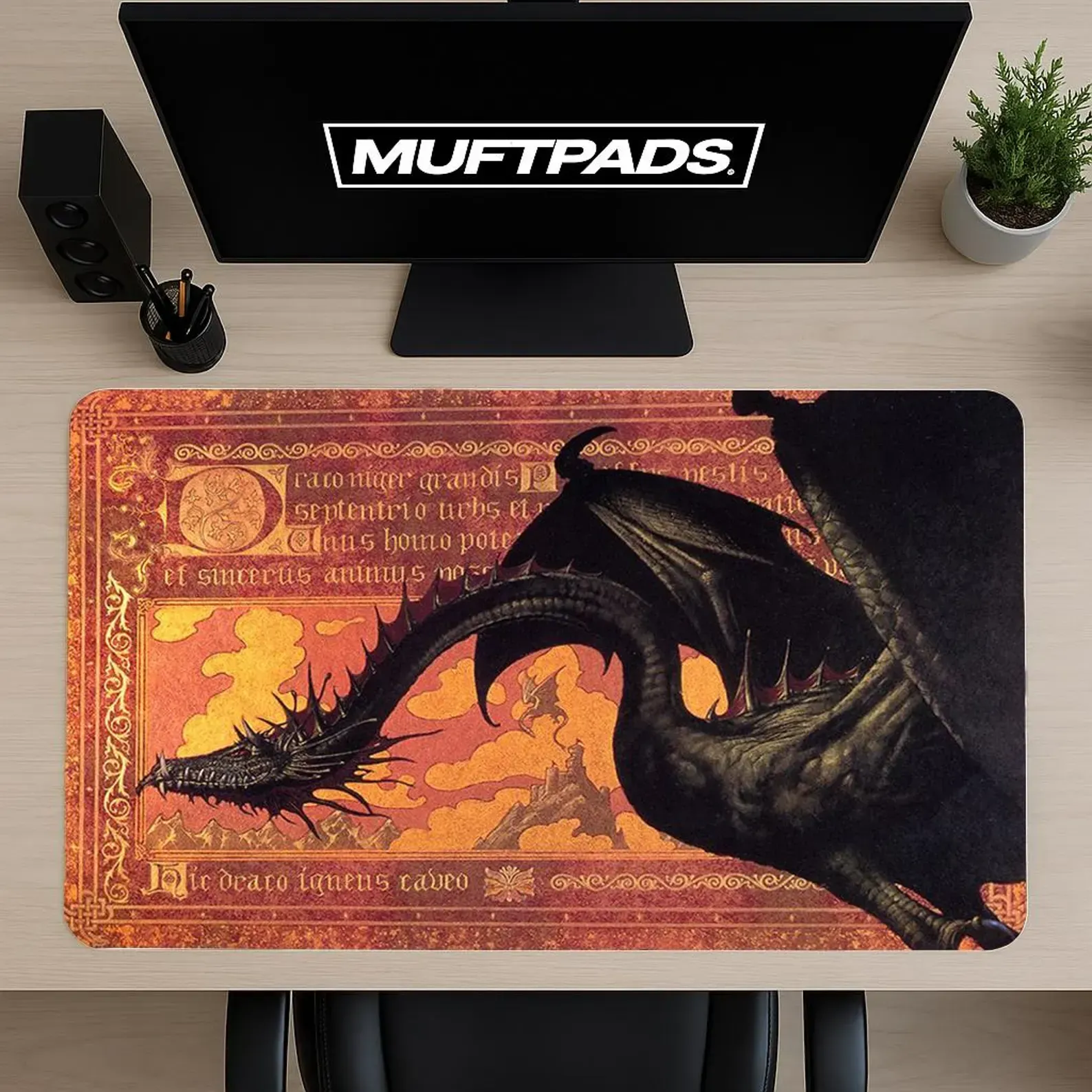 Medieval Dragon Mouse Pad – Dark Fantasy Manuscript Style Desk Mat – Gothic Dragon Artwork