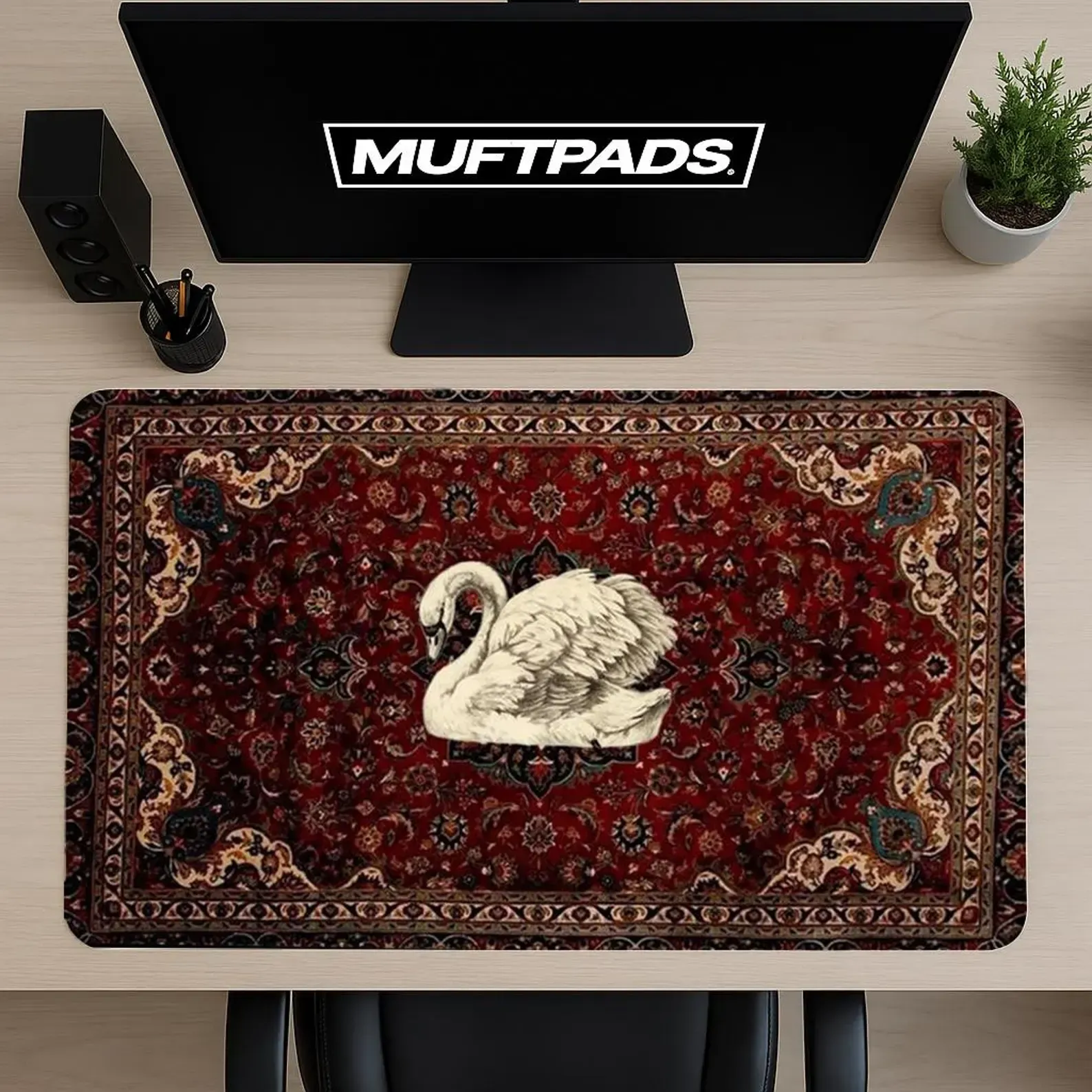 Vintage Swan Oriental Pattern Mouse Pad Desk Mat for Elegant Desk Setup