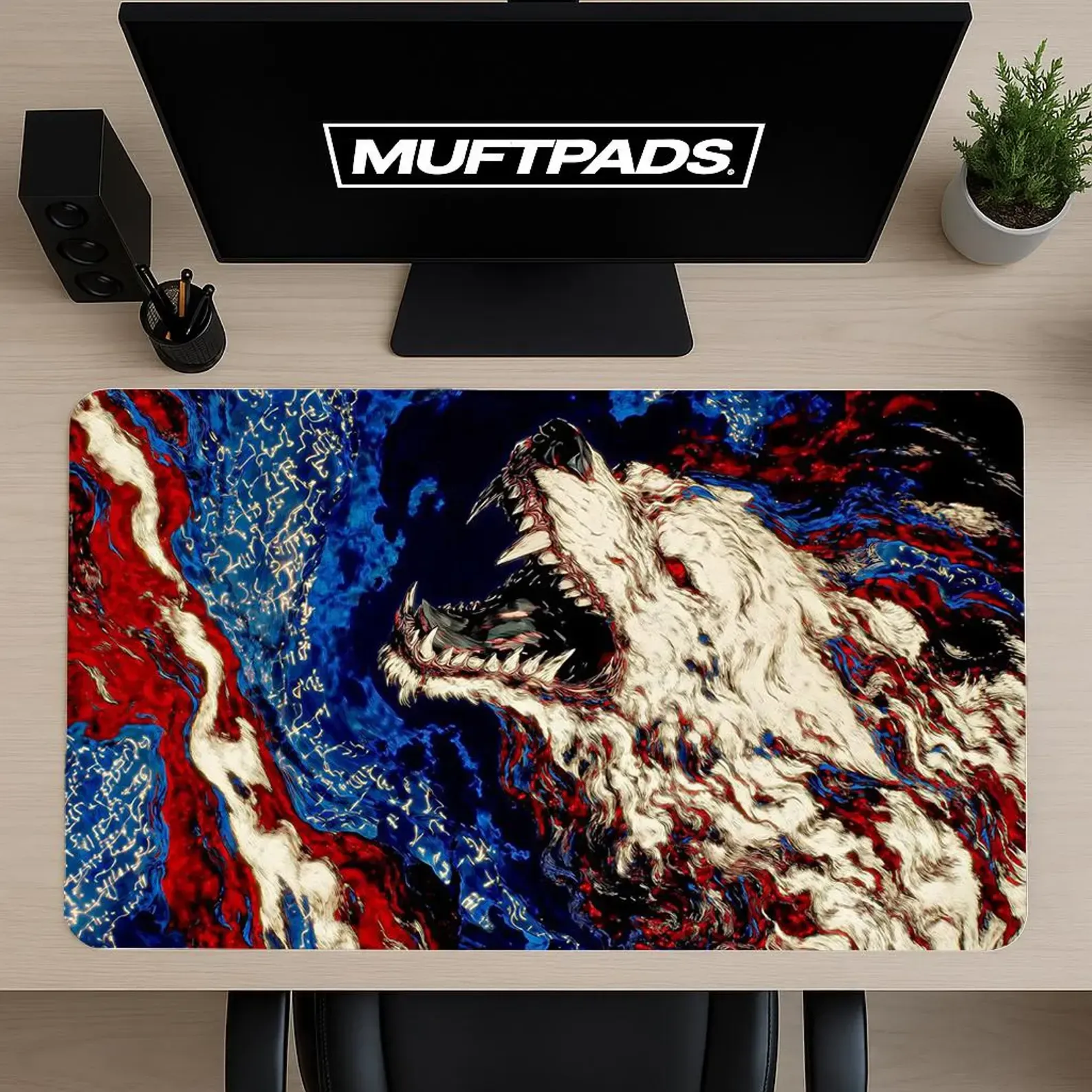 Wolf Rage Abstract Mouse Pad & Desk Mat – Dark Gaming Desk Setup