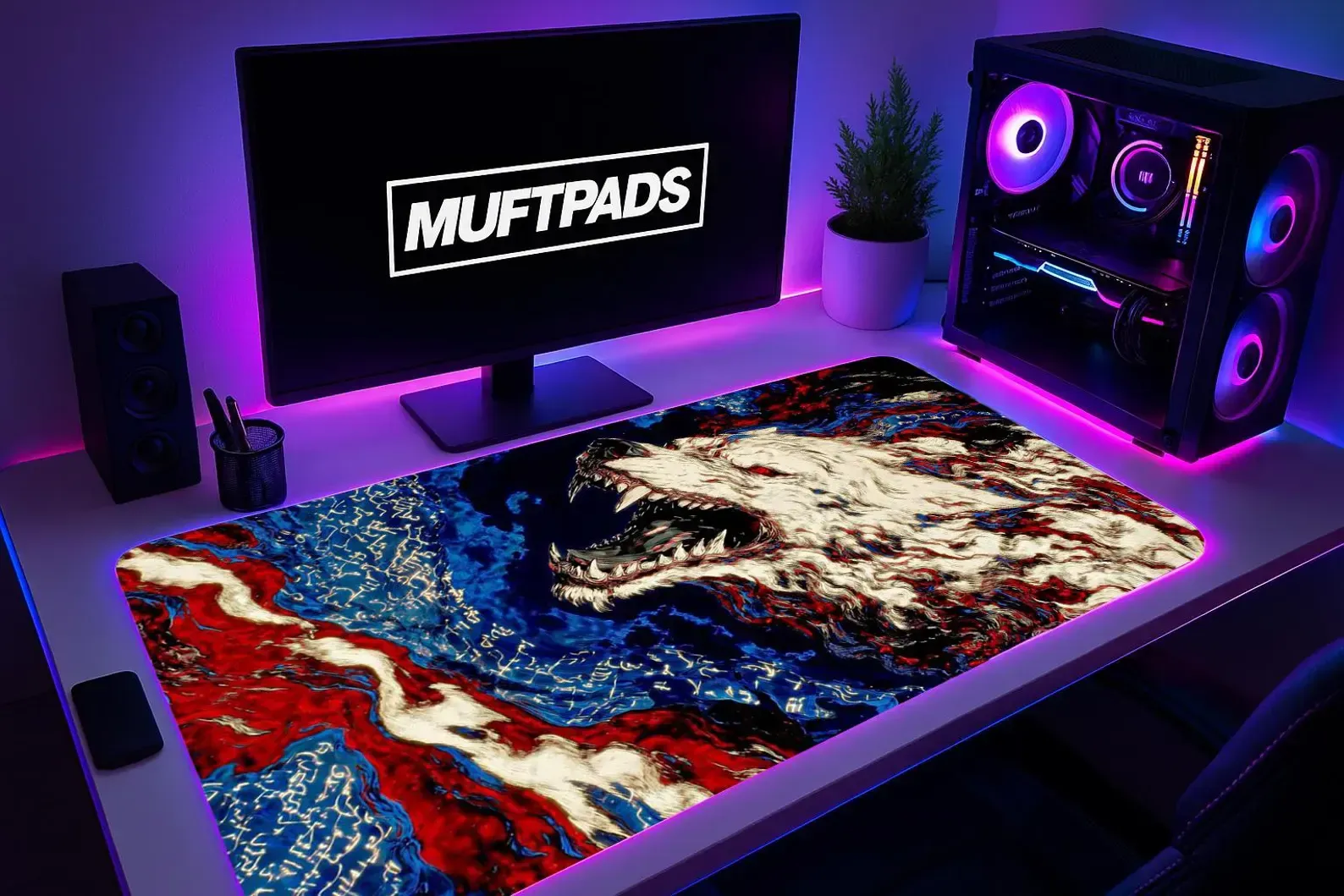 Wolf Rage Abstract Mouse Pad & Desk Mat – Dark Gaming Desk Setup