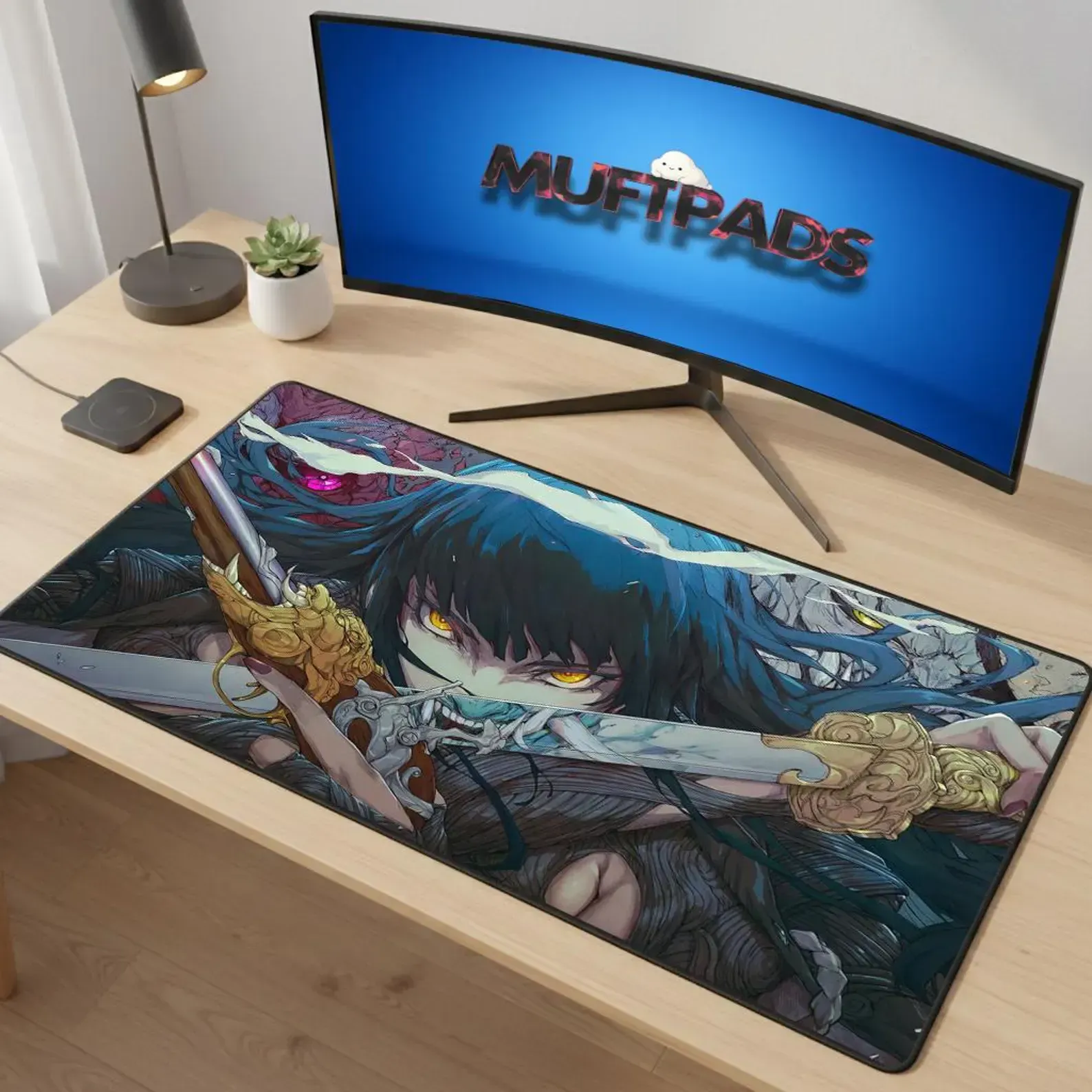 Anime Warrior Extended Gaming Mouse Pad, Otaku Desk Mat