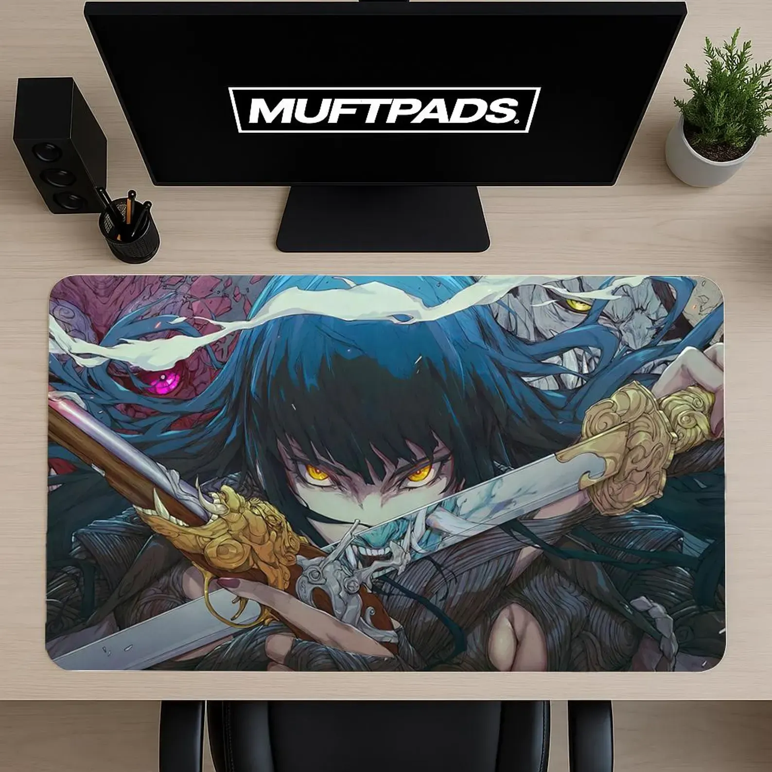 Anime Warrior Extended Gaming Mouse Pad, Otaku Desk Mat