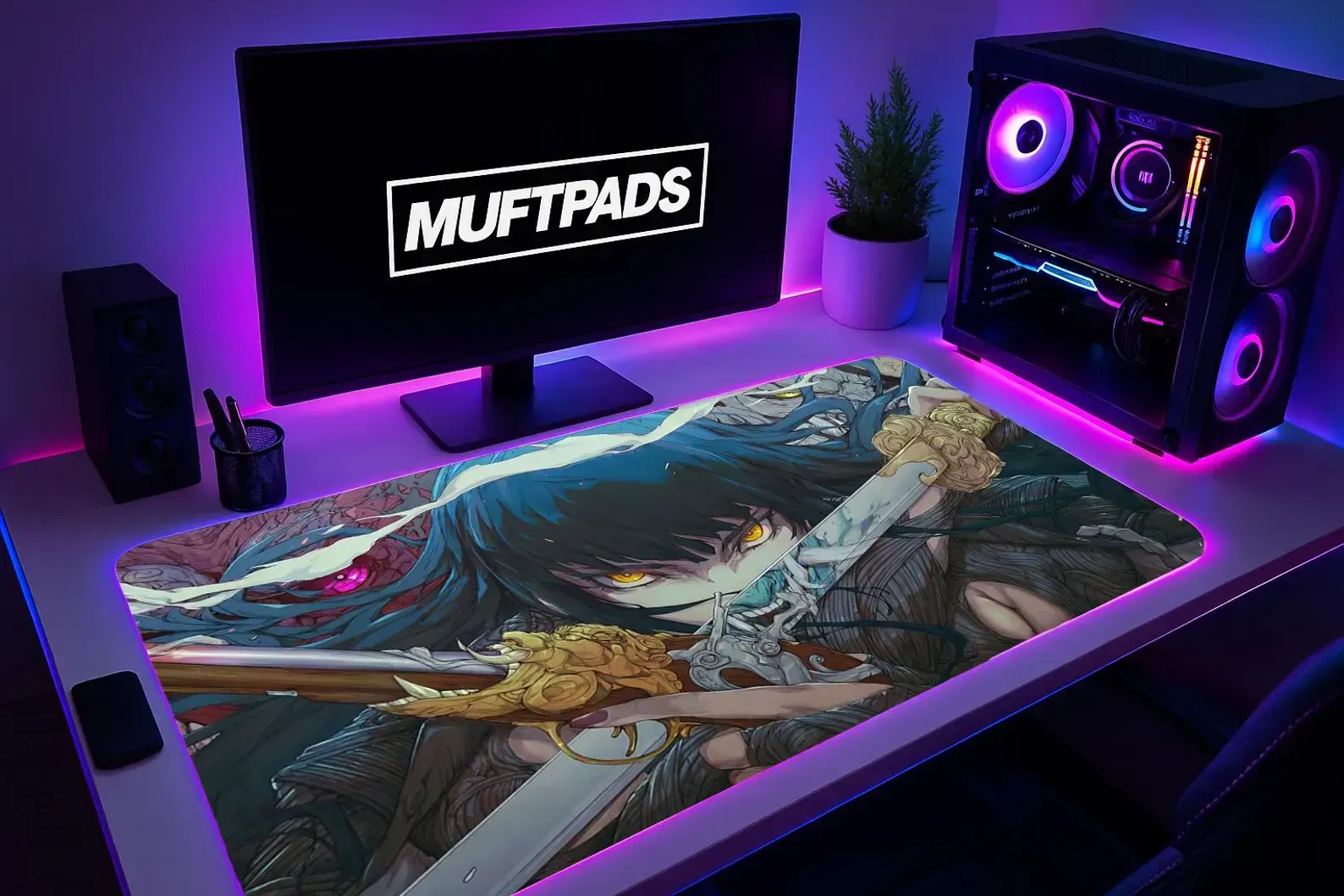 Anime Warrior Extended Gaming Mouse Pad, Otaku Desk Mat