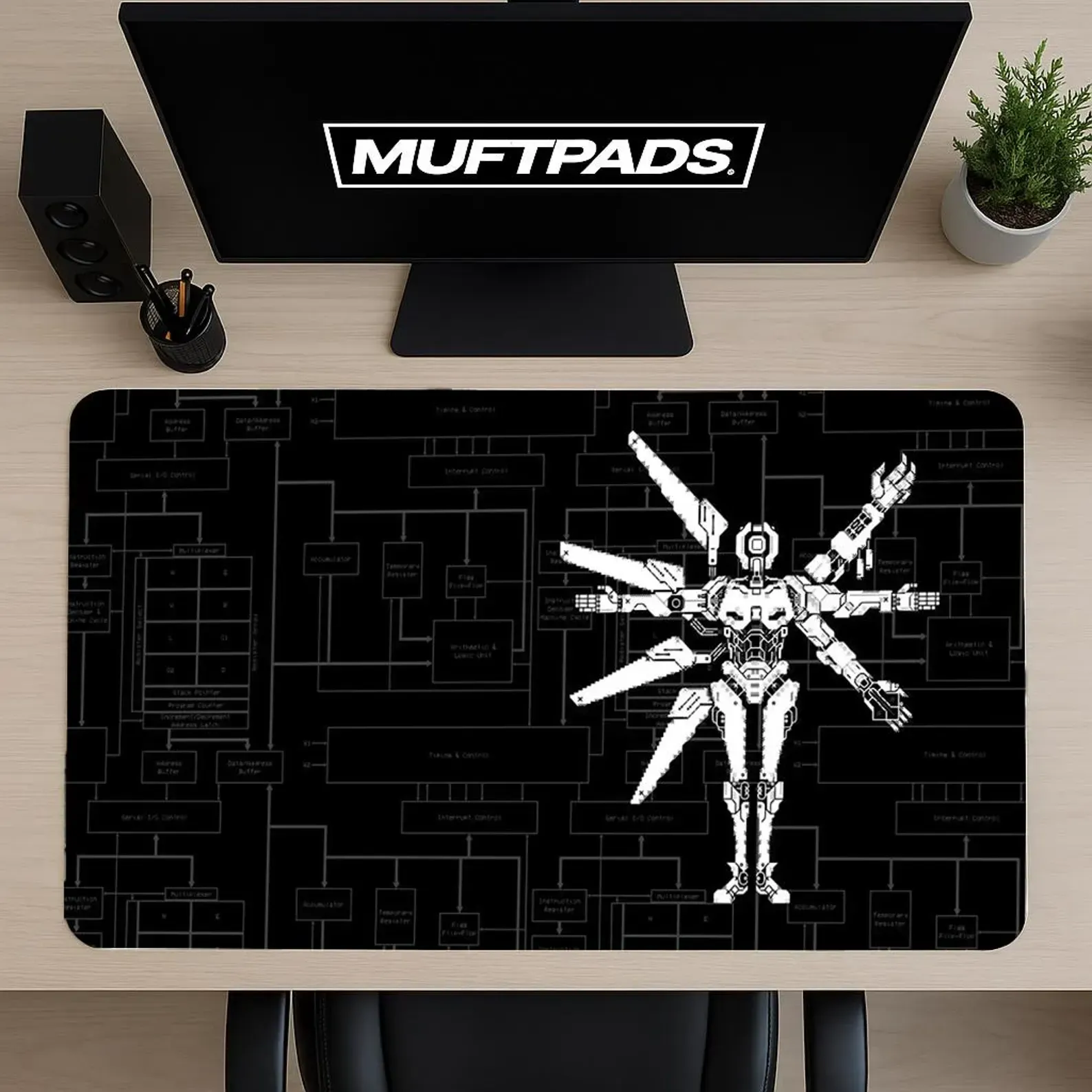 Retro FPS Robot Desk Mat, XL Gaming Keyboard Pad, Cyberpunk Inspired Mouse Pad