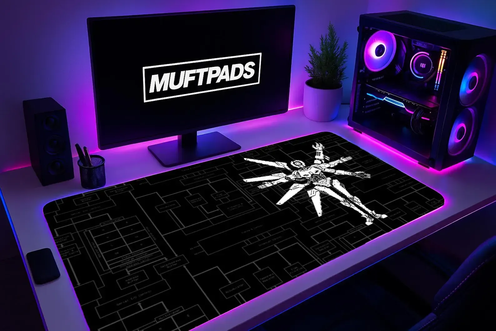 Retro FPS Robot Desk Mat, XL Gaming Keyboard Pad, Cyberpunk Inspired Mouse Pad